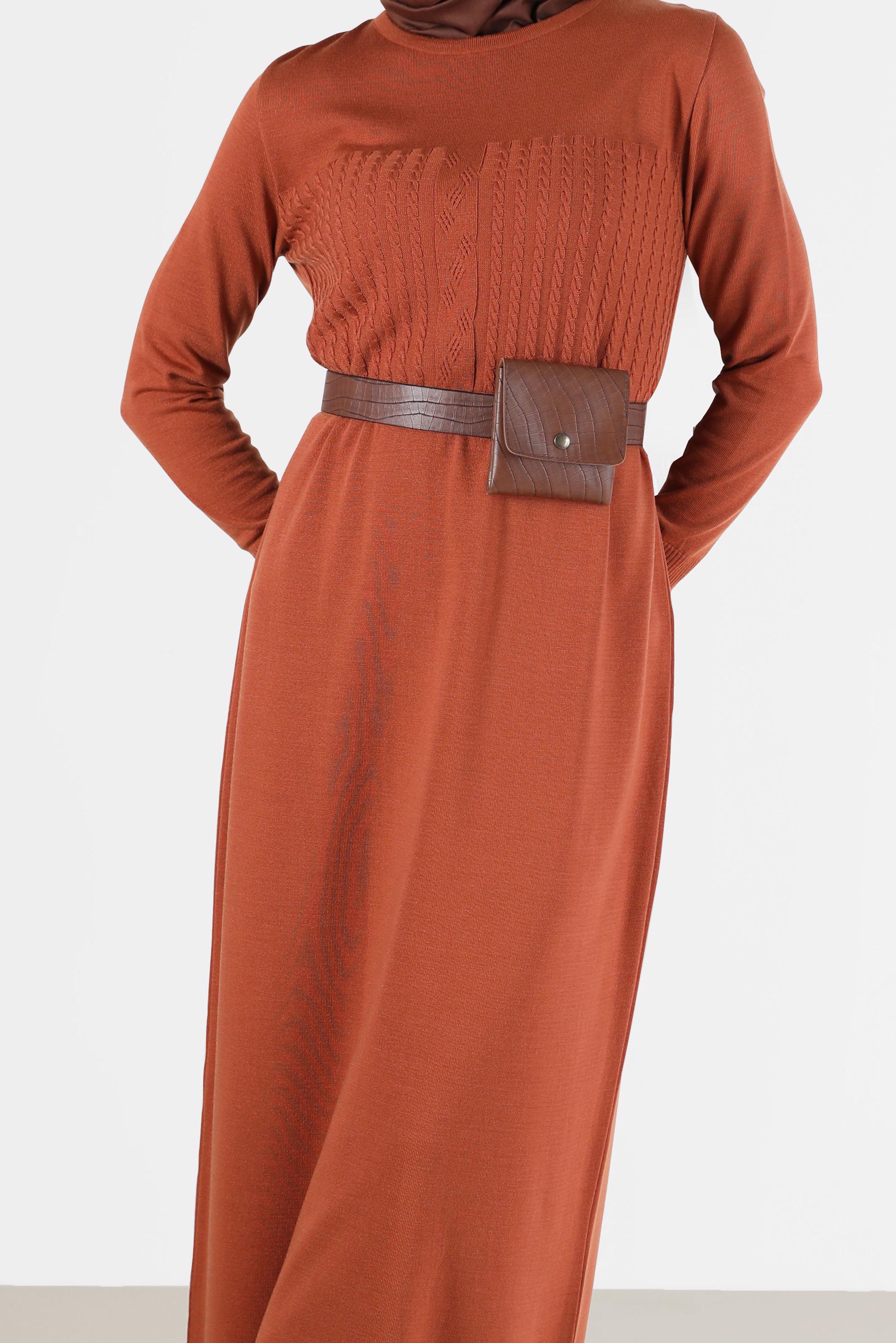 Tesettür giyim TURUNCU SAÇ ÖRGÜ DESENLİ TRİKO ELBİSE 42015