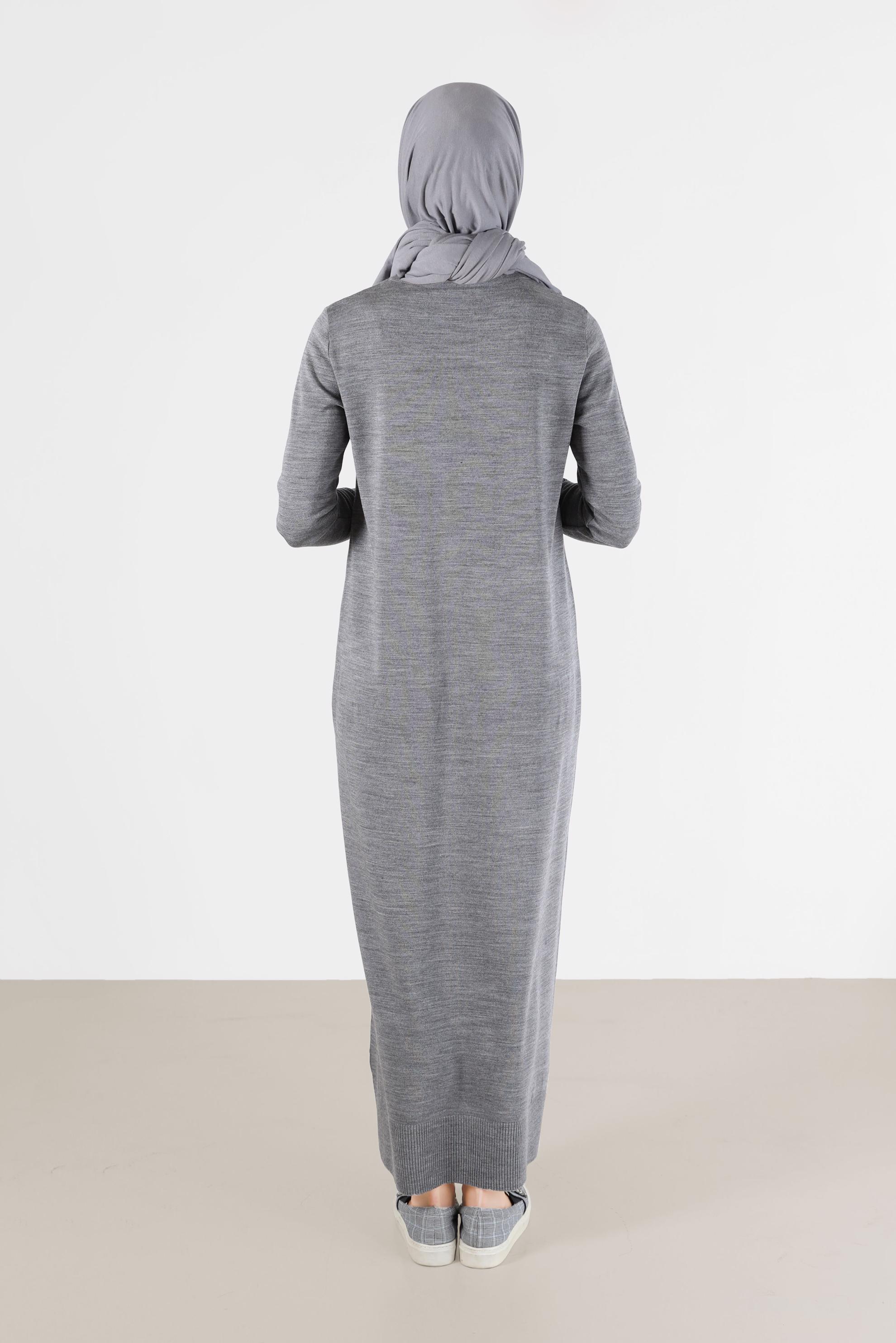 Tesettür giyim GRİ SAÇ ÖRGÜ DESENLİ TRİKO ELBİSE 42015