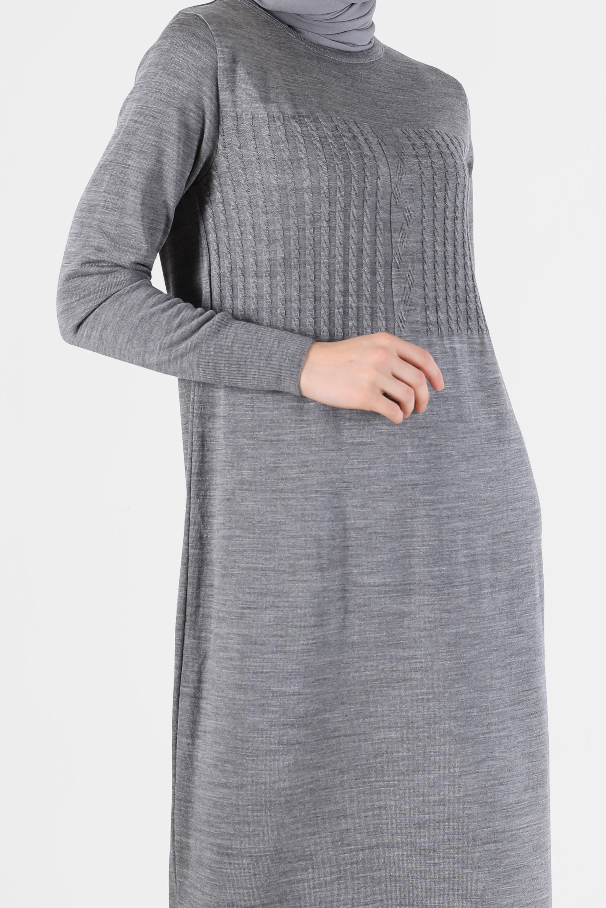 Tesettür giyim GRİ SAÇ ÖRGÜ DESENLİ TRİKO ELBİSE 42015