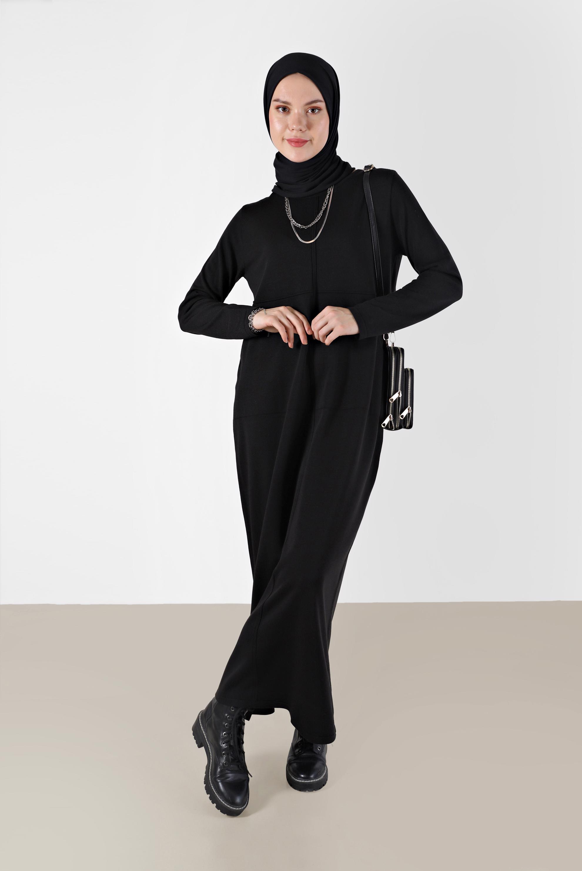 Tesettür giyim SİYAH BASIC TRİKO ELBİSE 42016 