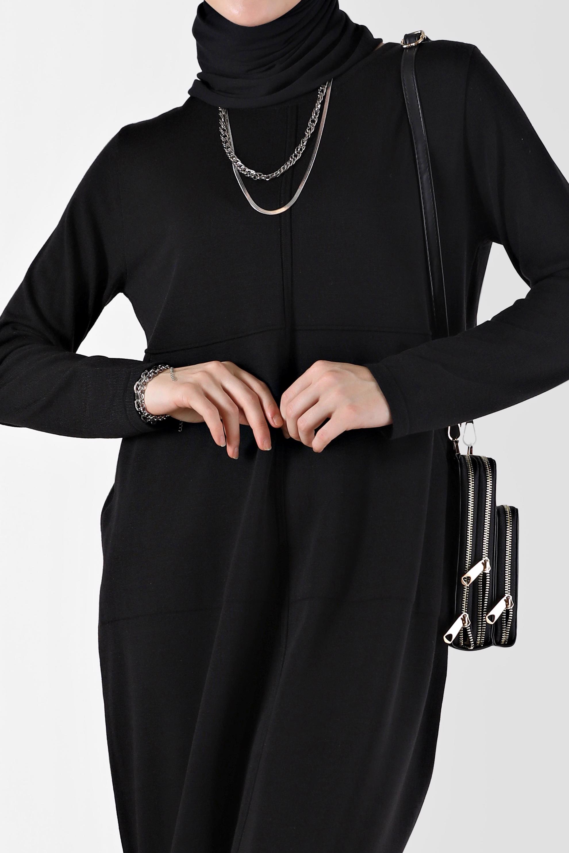 Tesettür giyim SİYAH BASIC TRİKO ELBİSE 42016 