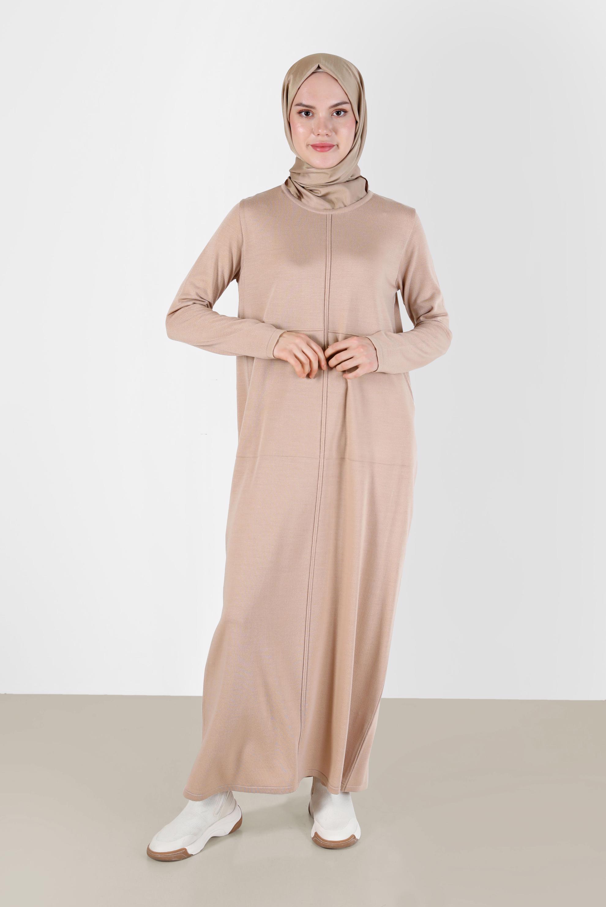 Tesettür giyim BEJ BASIC TRİKO ELBİSE 42016 