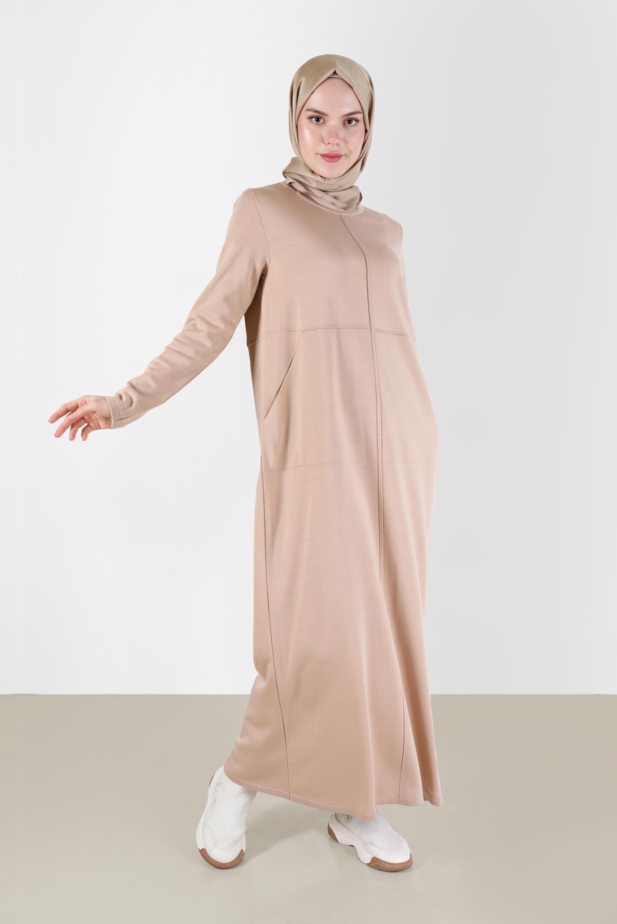 Tesettür giyim BEJ BASIC TRİKO ELBİSE 42016 