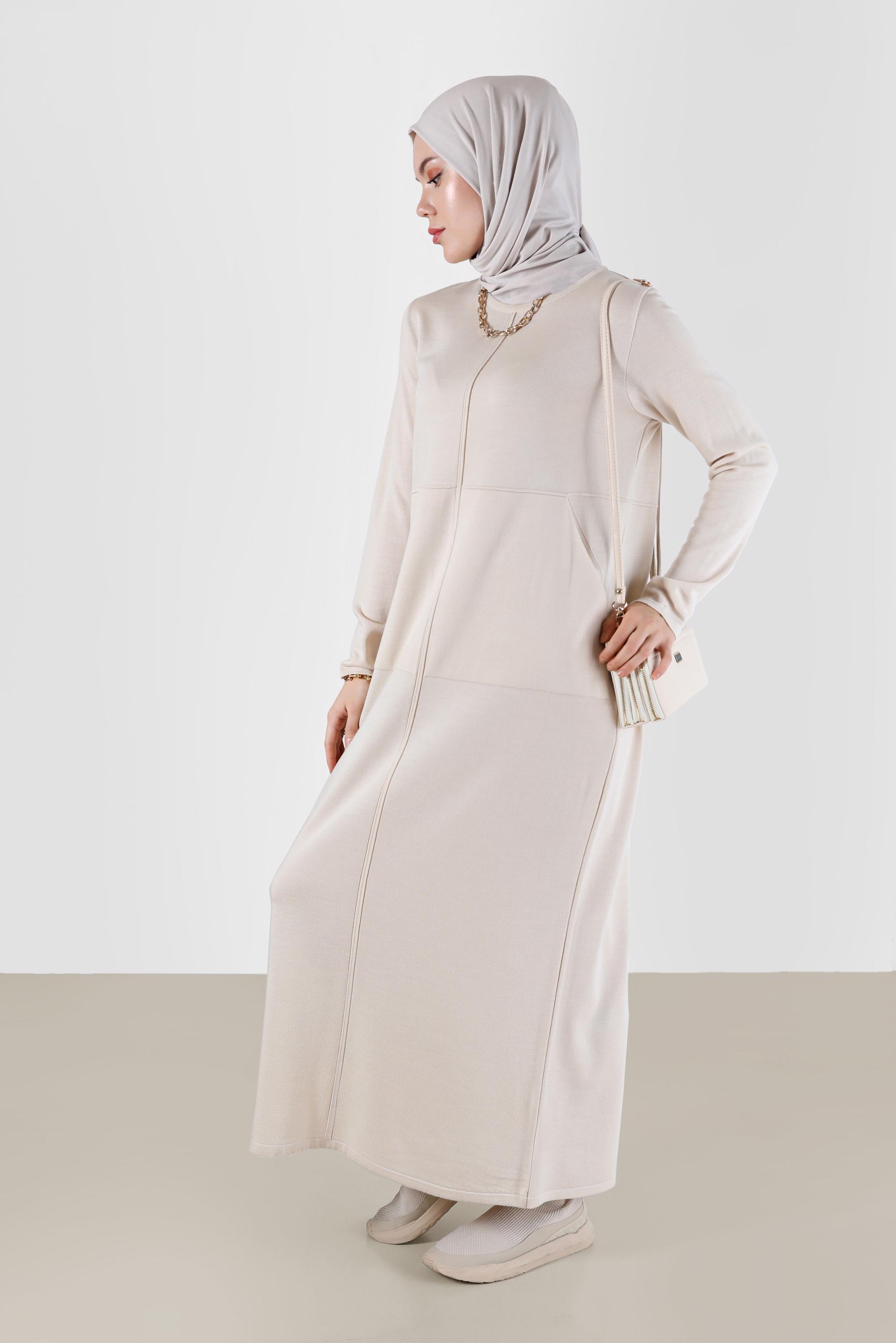 Tesettür giyim BEJ BASIC TRİKO ELBİSE 42016 