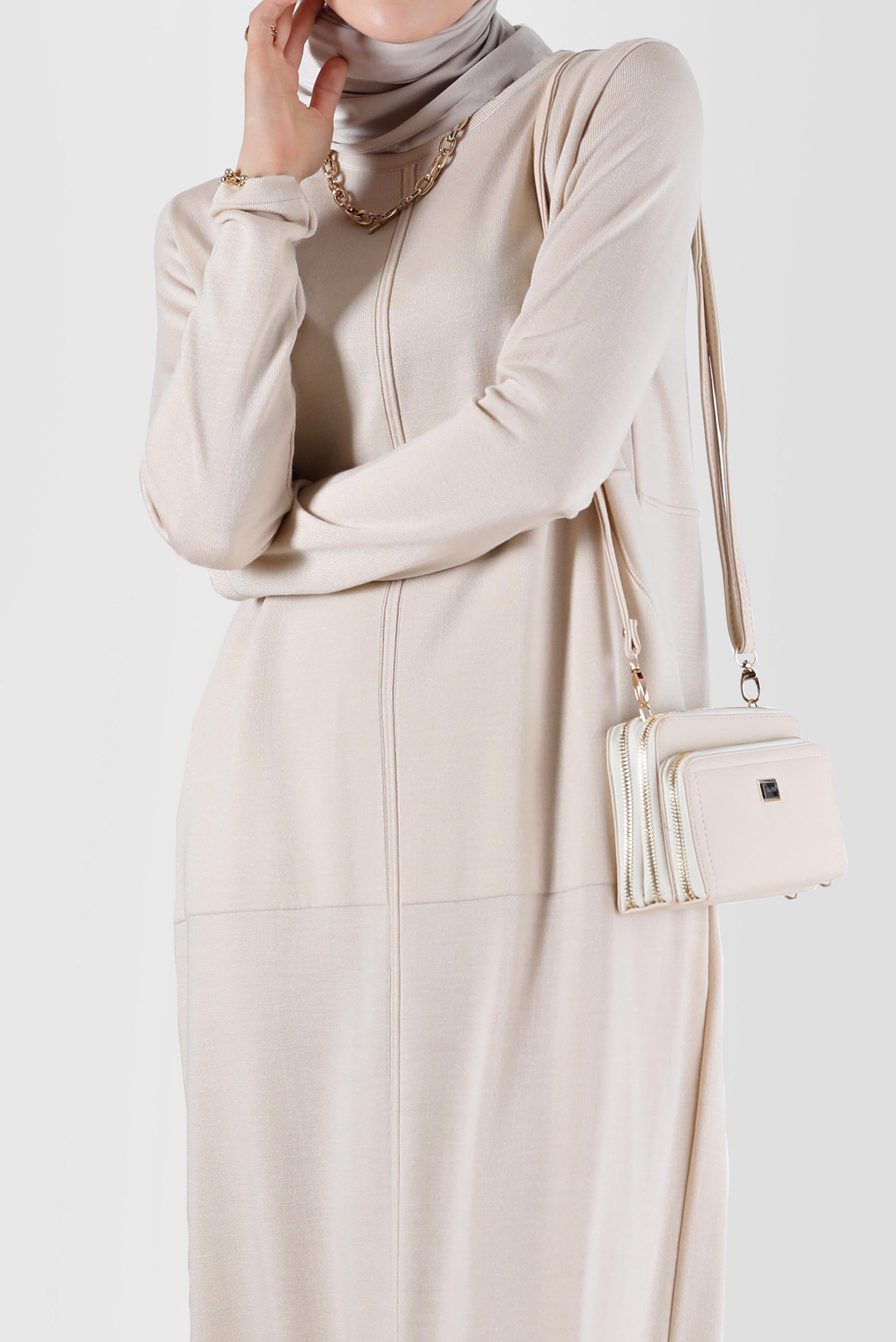 Tesettür giyim BEJ BASIC TRİKO ELBİSE 42016 