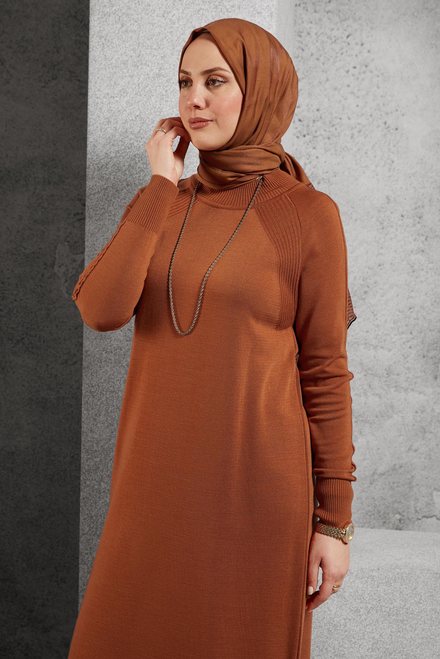 Tesettür giyim TURUNCU TRİKO ELBİSE 42017