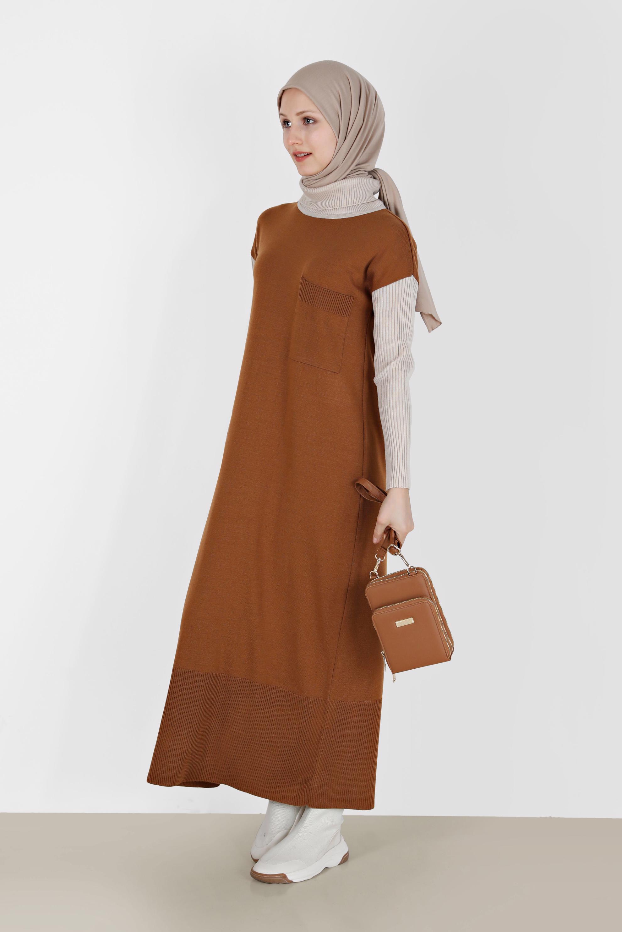 Tesettür giyim SARI İKİ RENKLİ TRİKO ELBİSE 42018