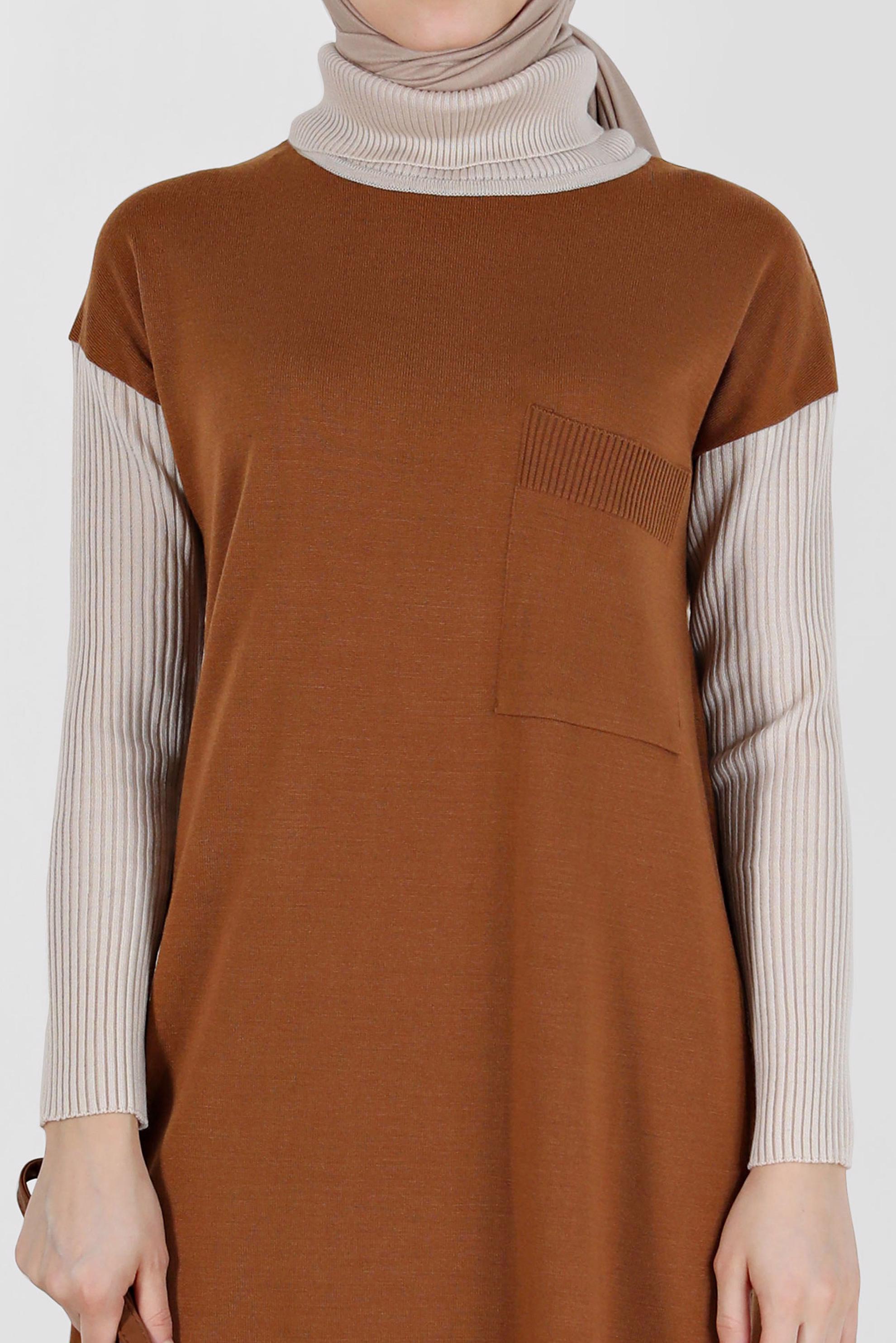 Tesettür giyim SARI İKİ RENKLİ TRİKO ELBİSE 42018