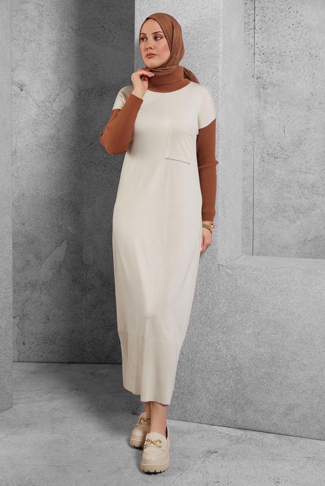 Tesettür giyim BEJ İKİ RENKLİ TRİKO ELBİSE 42018 - ALVİNA