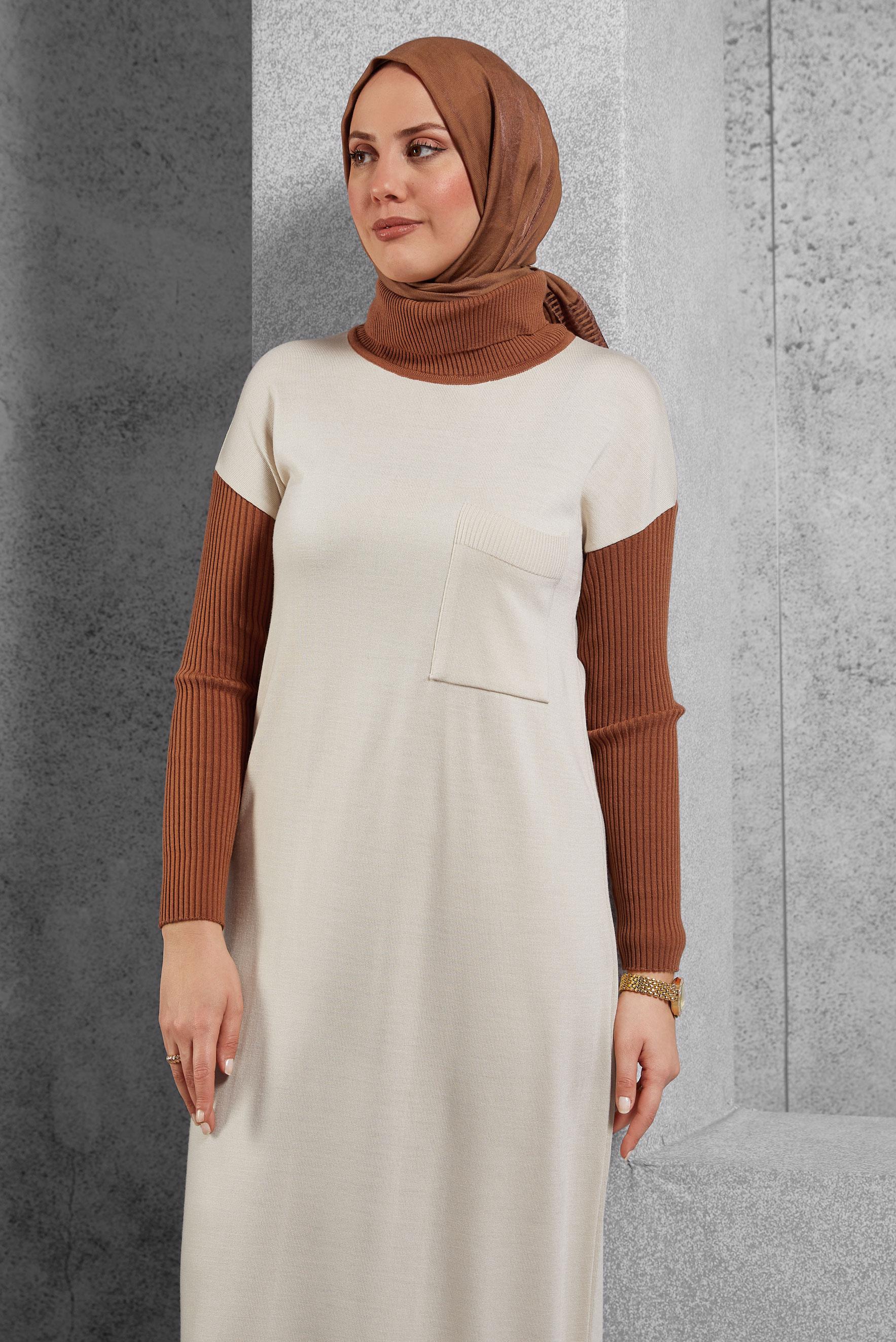 Tesettür giyim BEJ İKİ RENKLİ TRİKO ELBİSE 42018