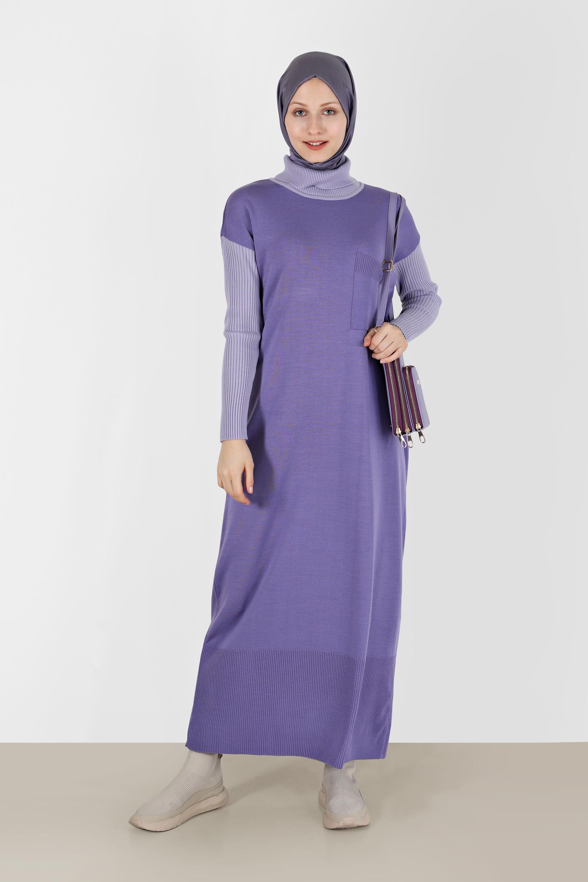 Tesettür giyim MOR İKİ RENKLİ TRİKO ELBİSE 42018