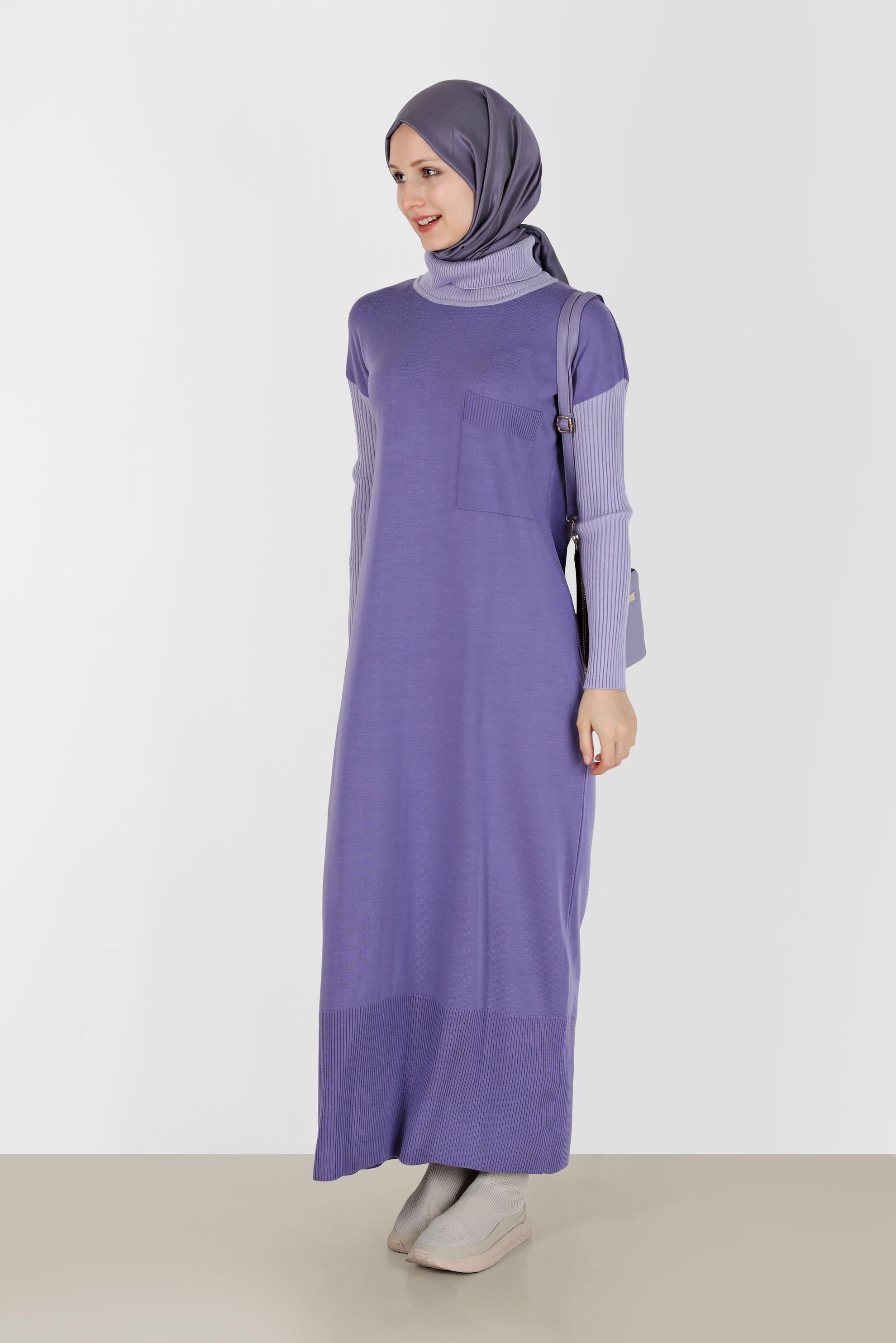 Tesettür giyim MOR İKİ RENKLİ TRİKO ELBİSE 42018