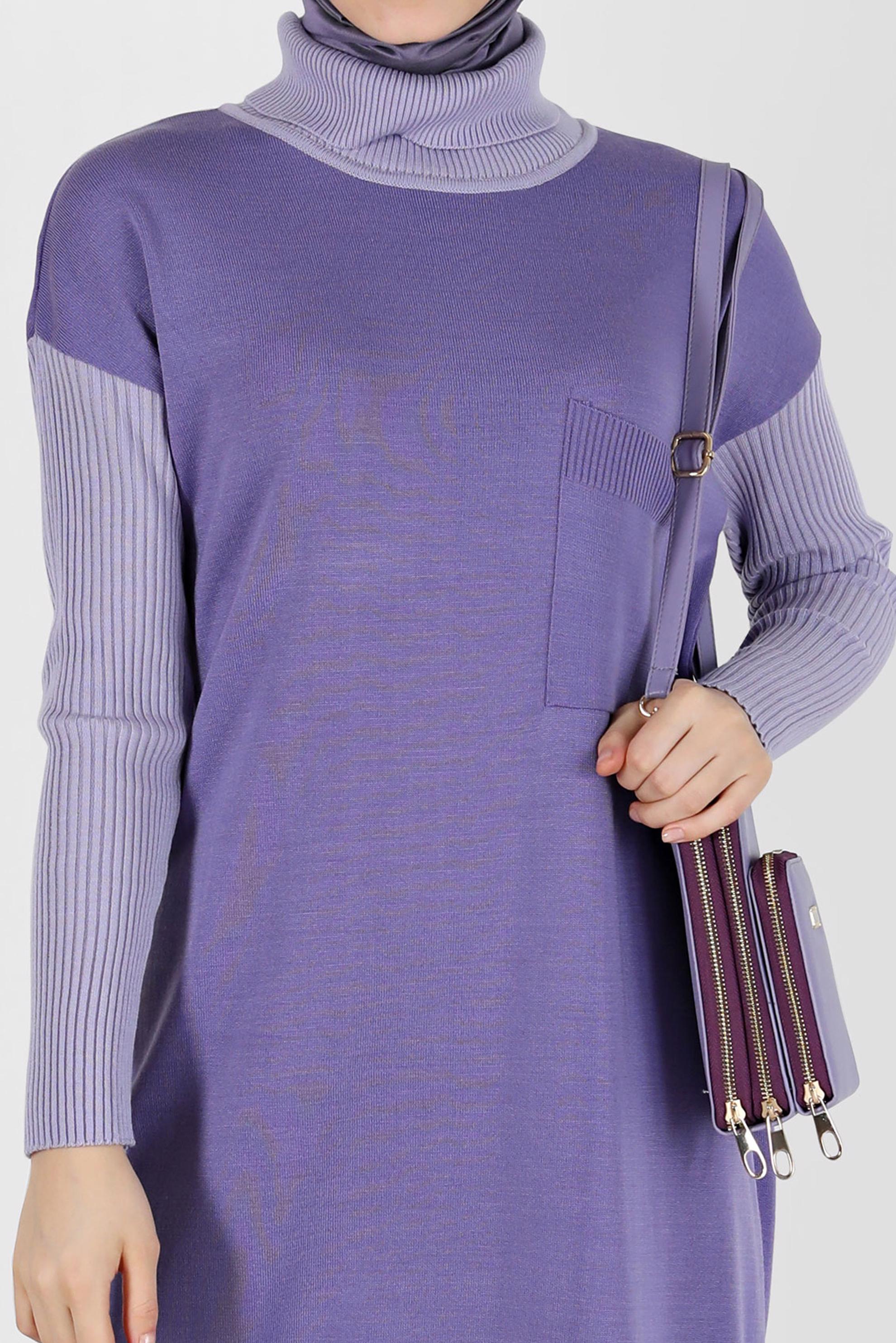 Tesettür giyim MOR İKİ RENKLİ TRİKO ELBİSE 42018