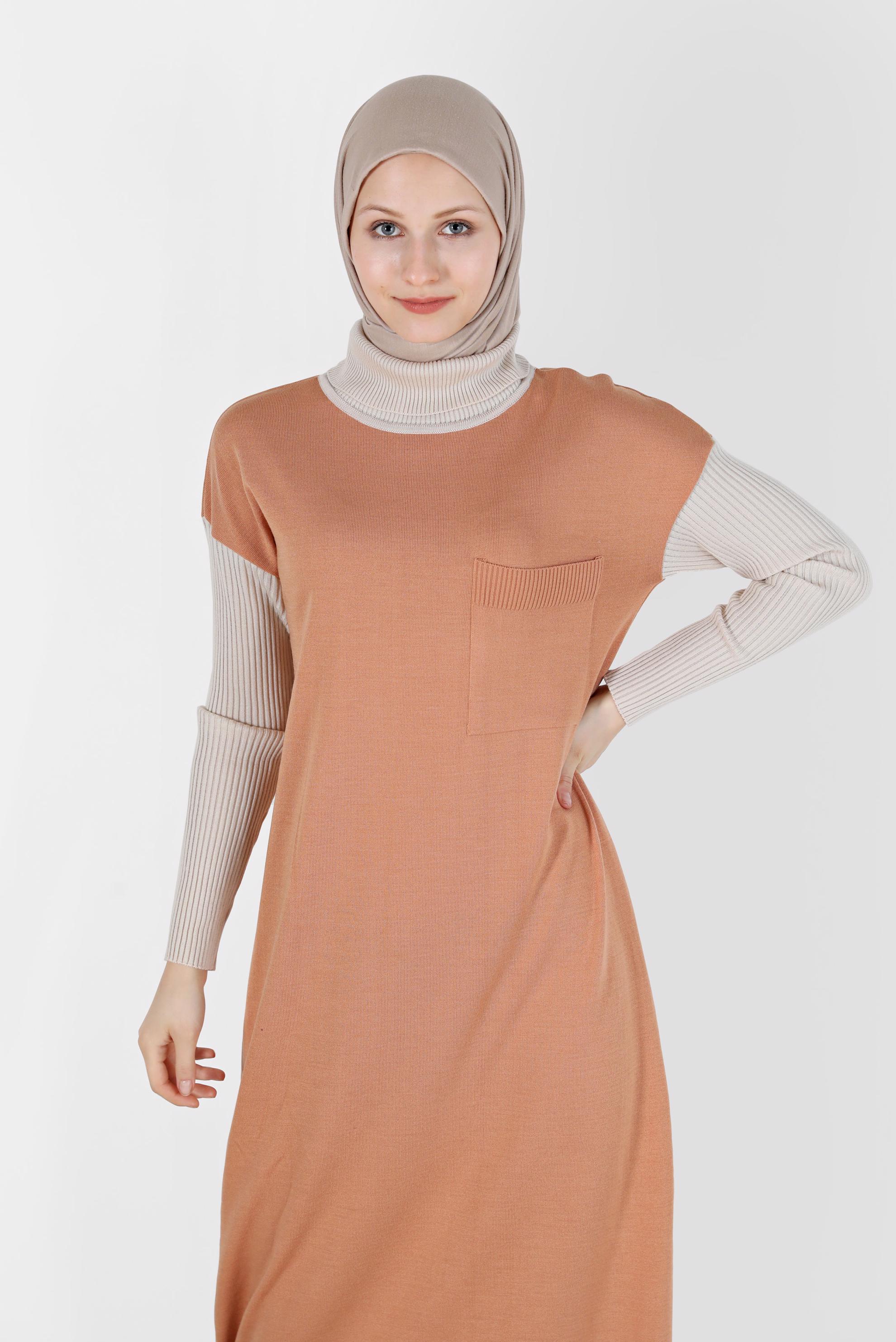 Tesettür giyim PEMBE İKİ RENKLİ TRİKO ELBİSE 42018