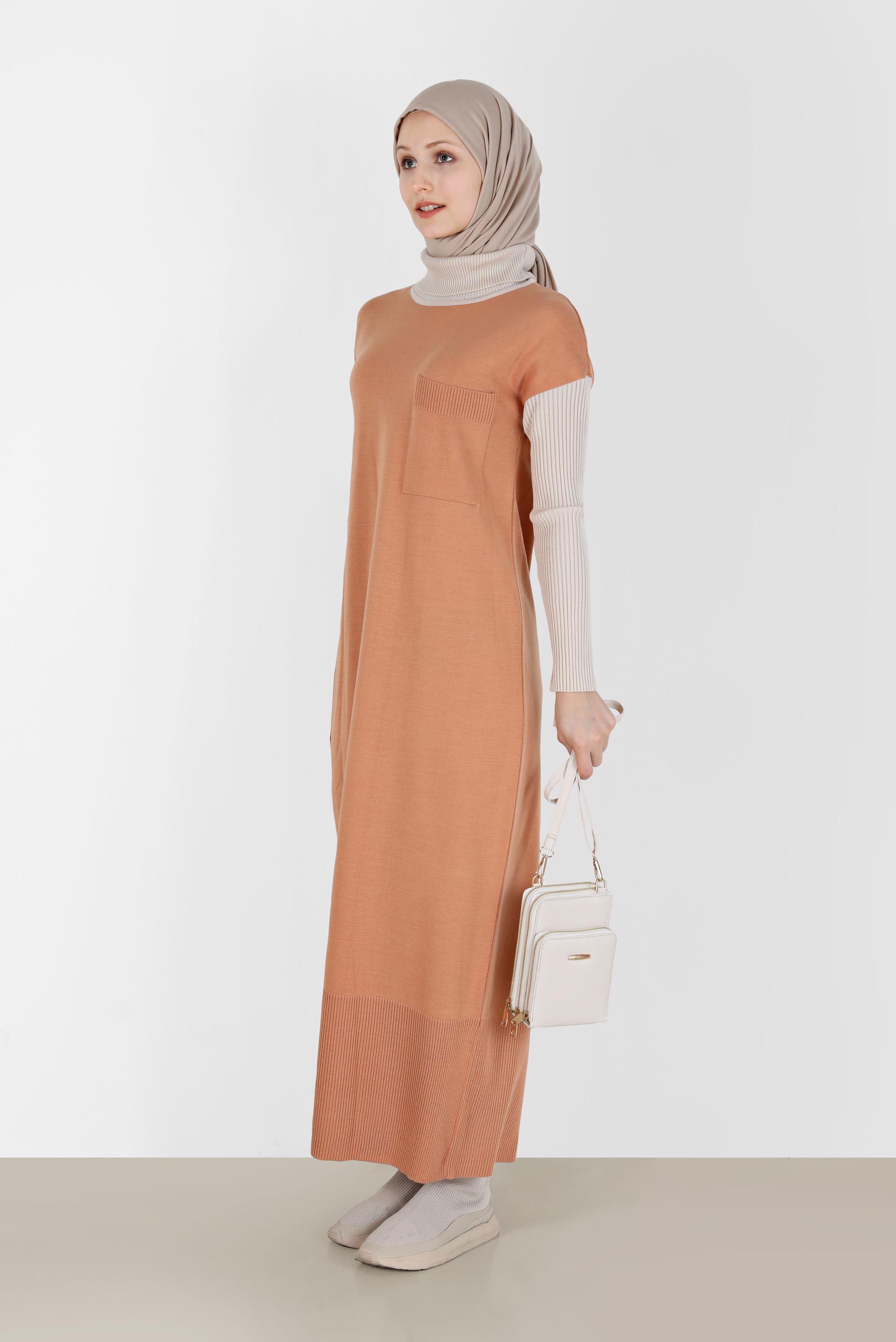 Tesettür giyim PEMBE İKİ RENKLİ TRİKO ELBİSE 42018