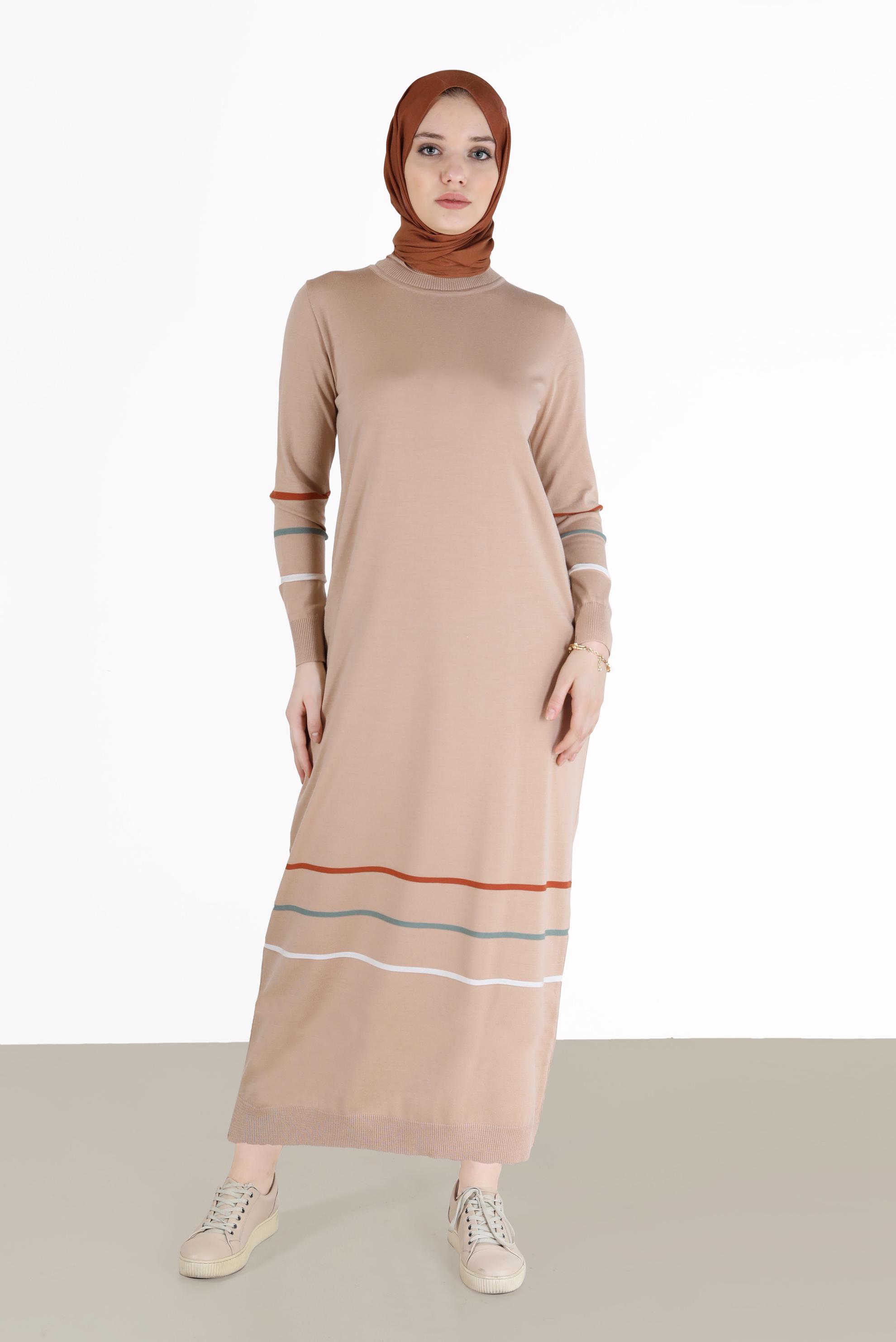 Hijab clothing BEIGE STRIPE DETAIL KNITWEAR TUNIC 42024 