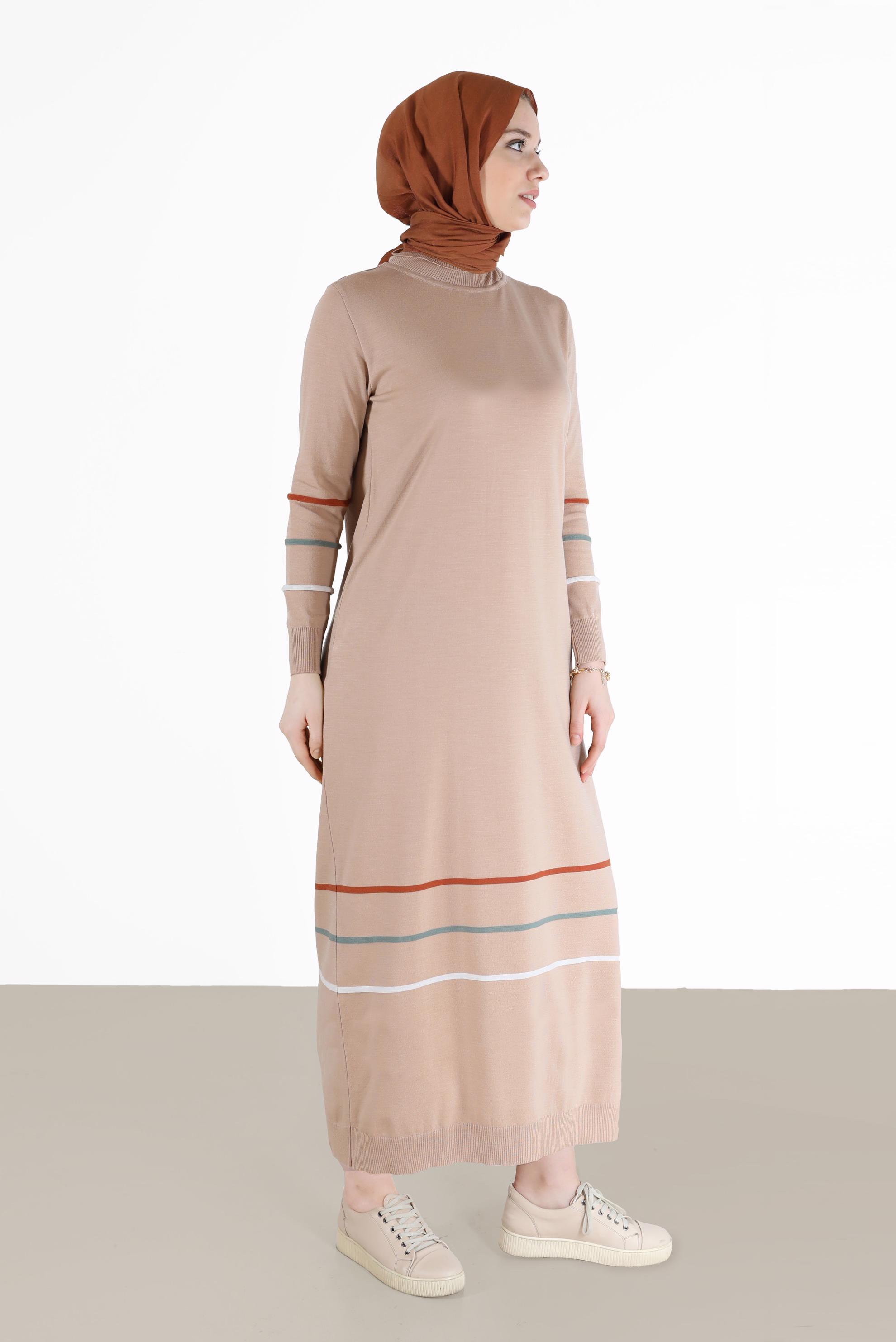 Hijab clothing BEIGE STRIPE DETAIL KNITWEAR TUNIC 42024 
