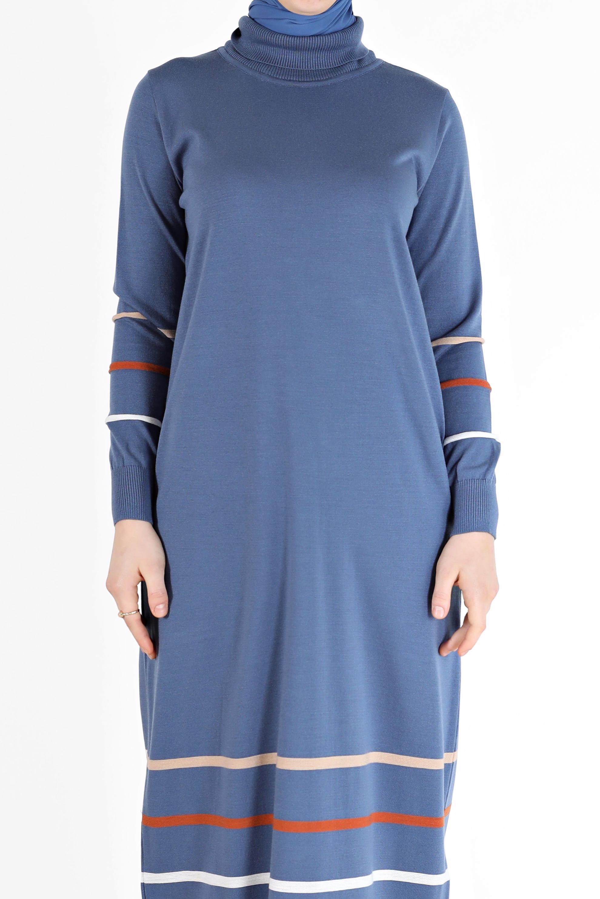 Hijab clothing NAVY BLUE STRIPE DETAIL KNITWEAR TUNIC 42024 