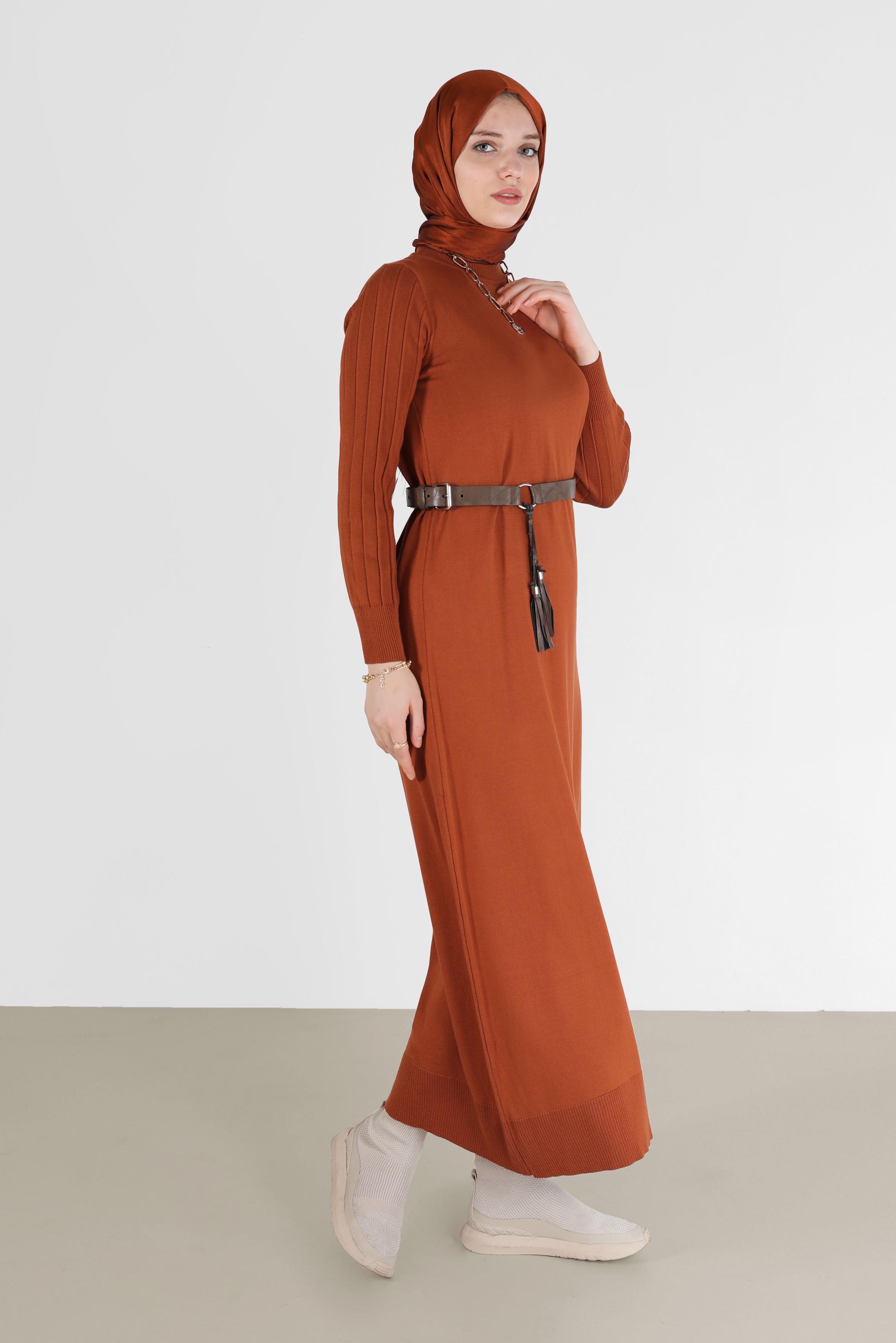 Tesettür giyim TURUNCU BASIC TRİKO ELBİSE 42060 
