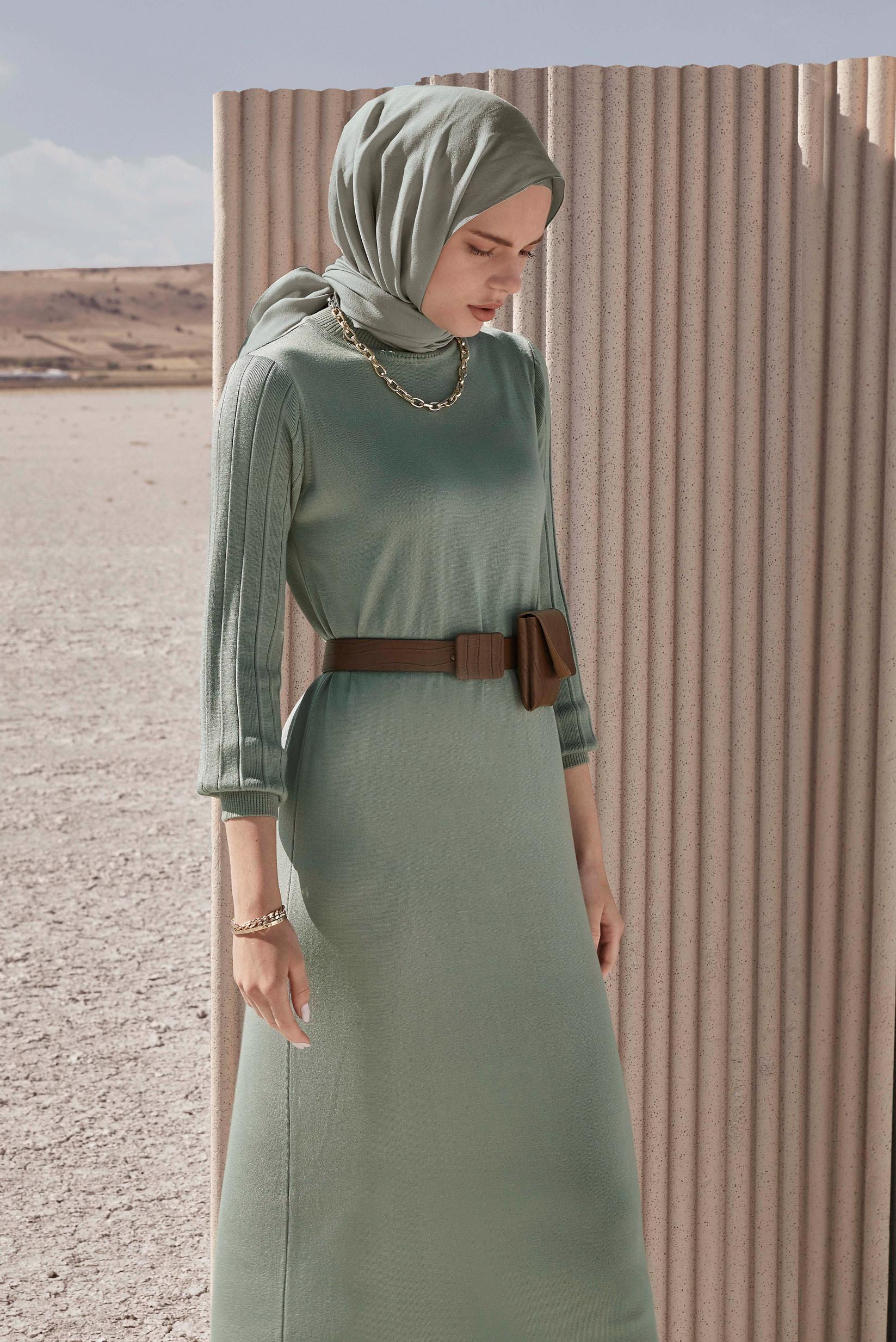 Tesettür giyim YEŞİL BASIC TRİKO ELBİSE 42060 