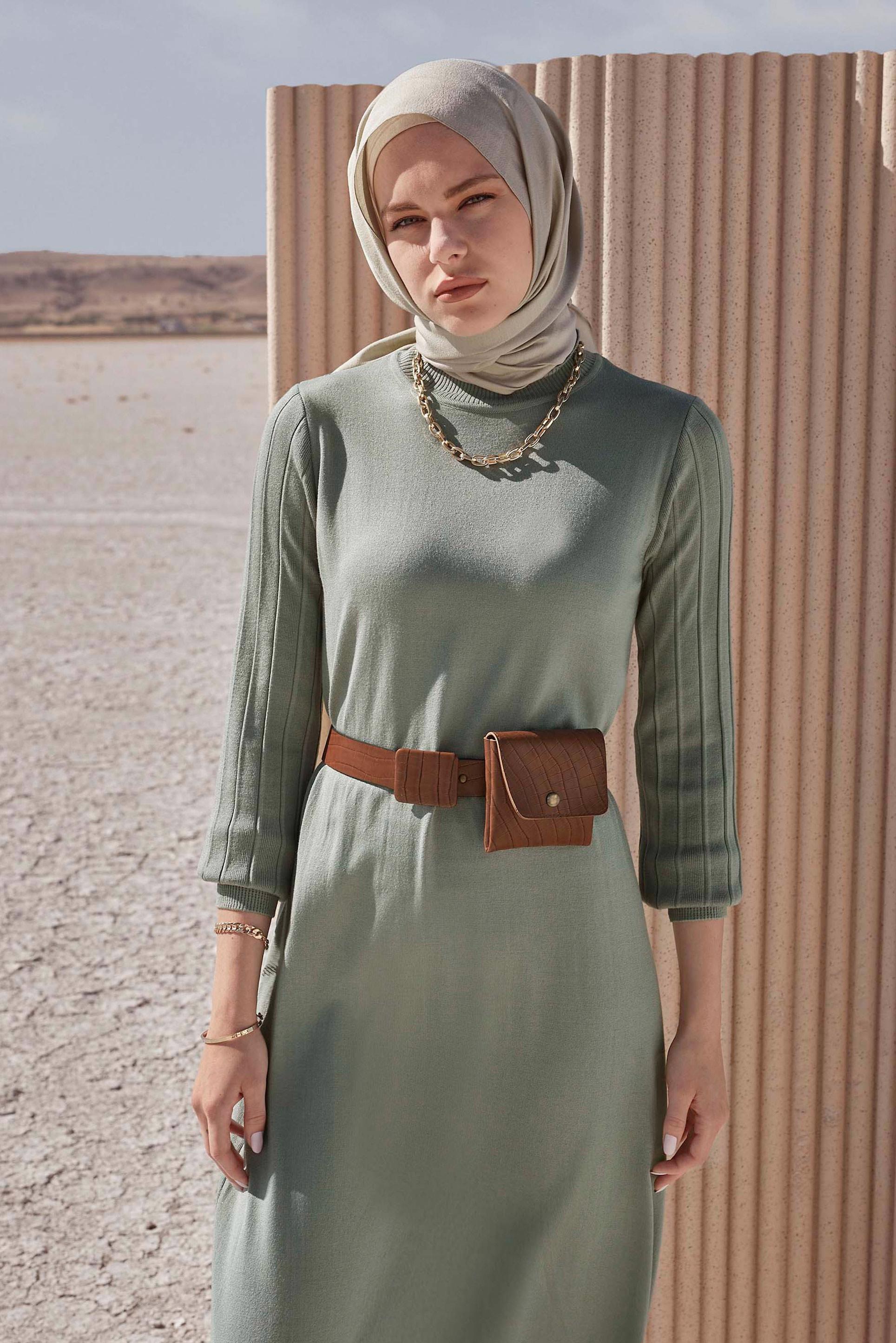 Tesettür giyim YEŞİL BASIC TRİKO ELBİSE 42060 