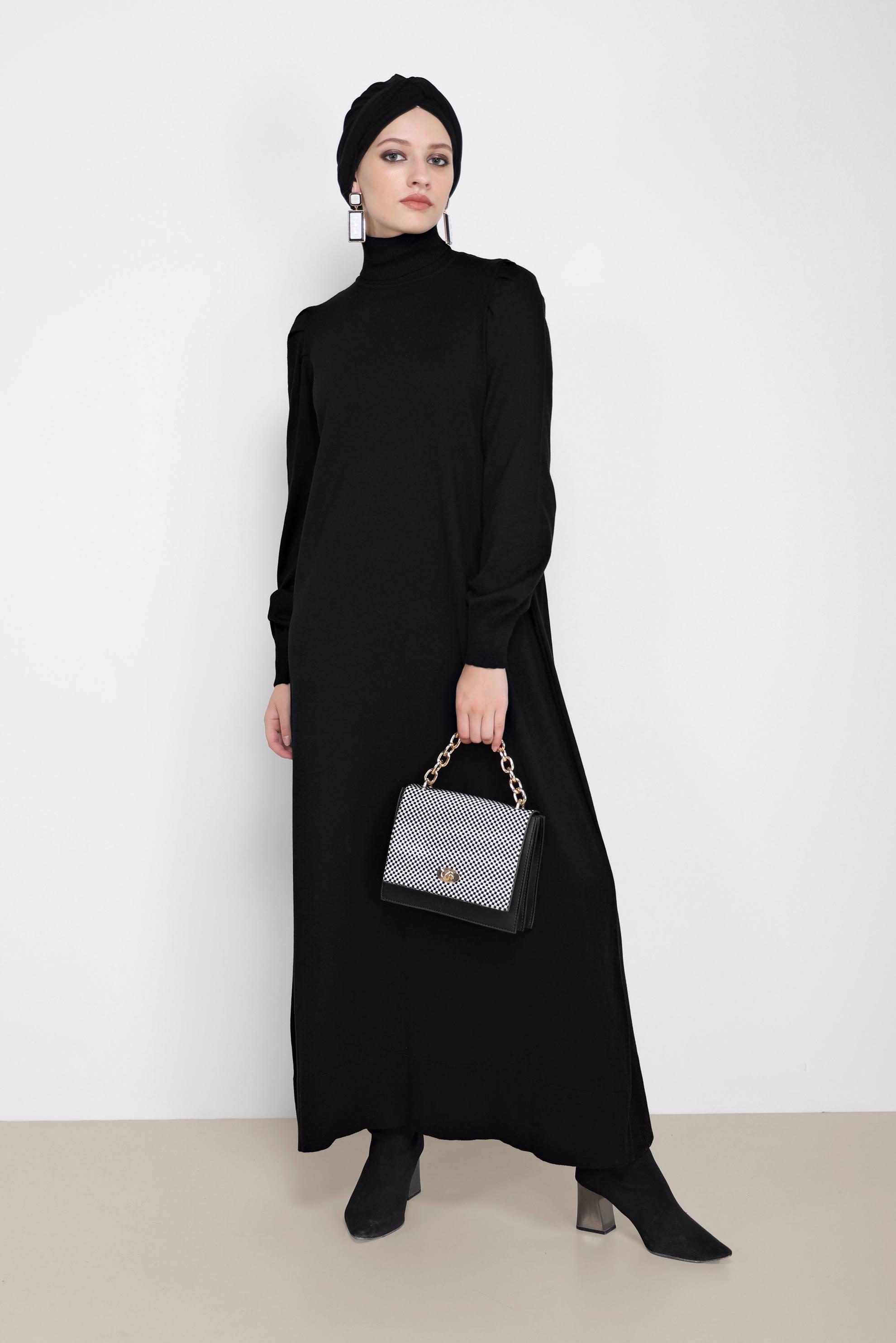 Tesettür giyim SİYAH BASIC TRİKO ELBİSE 42061 