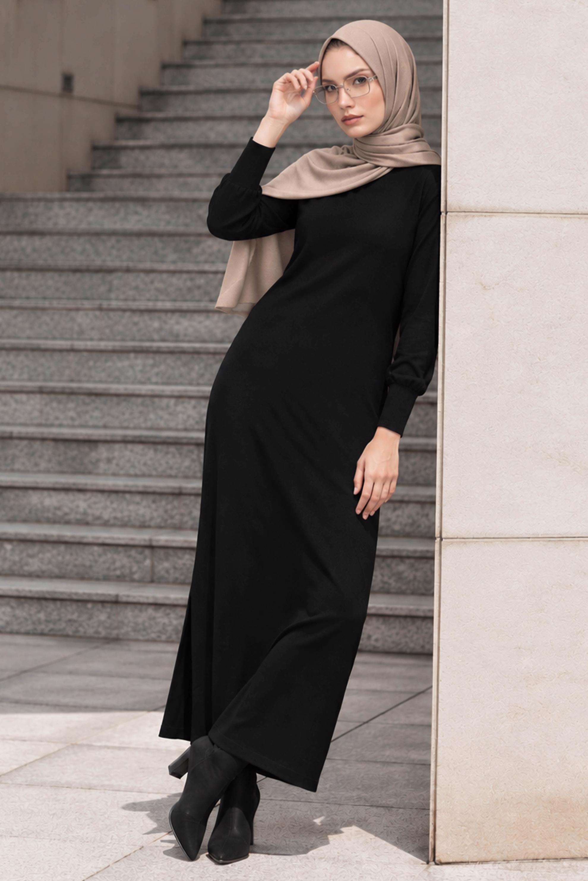 Tesettür giyim SİYAH BASIC TRİKO ELBİSE 42061 