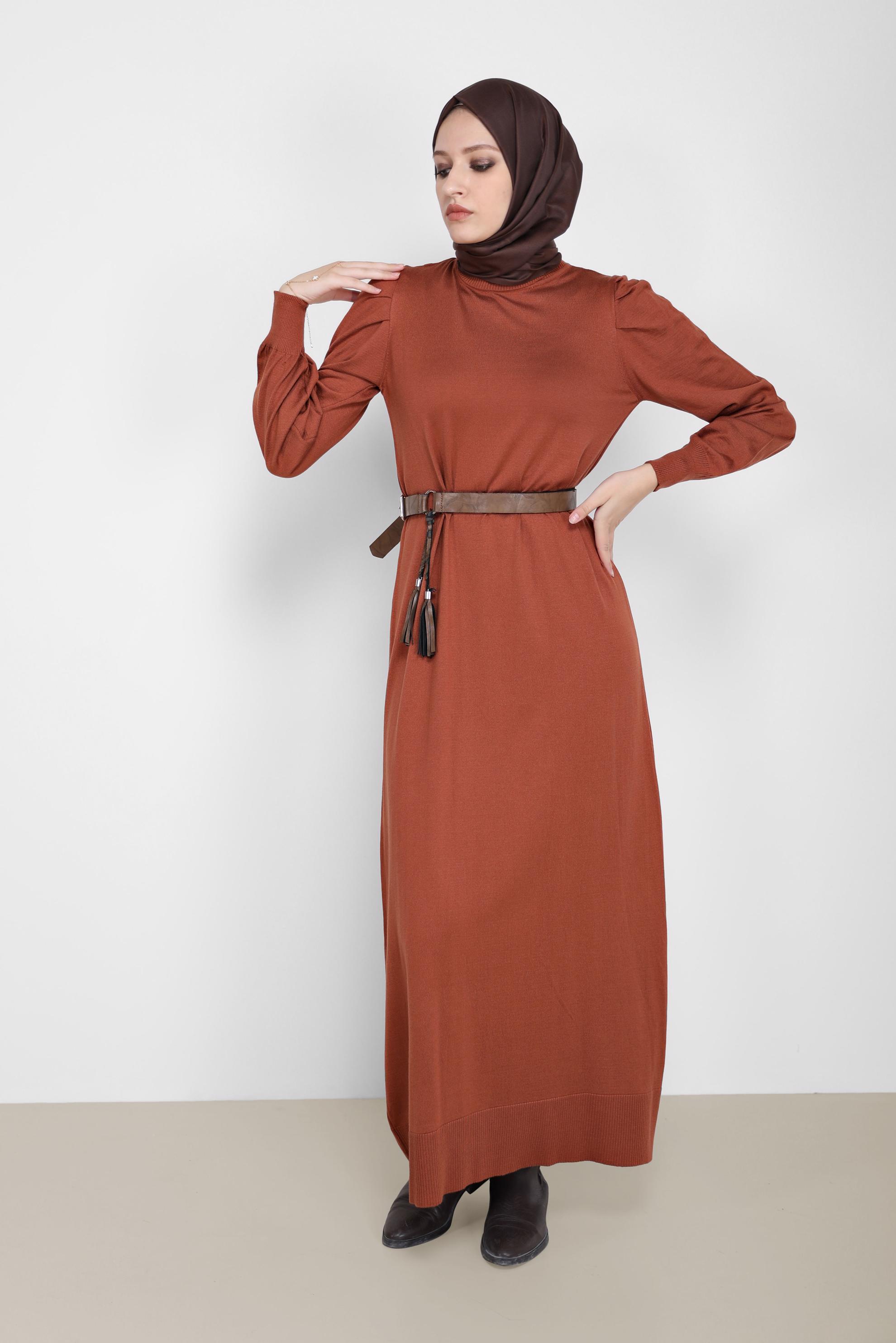 Tesettür giyim TURUNCU BASIC TRİKO ELBİSE 42061 