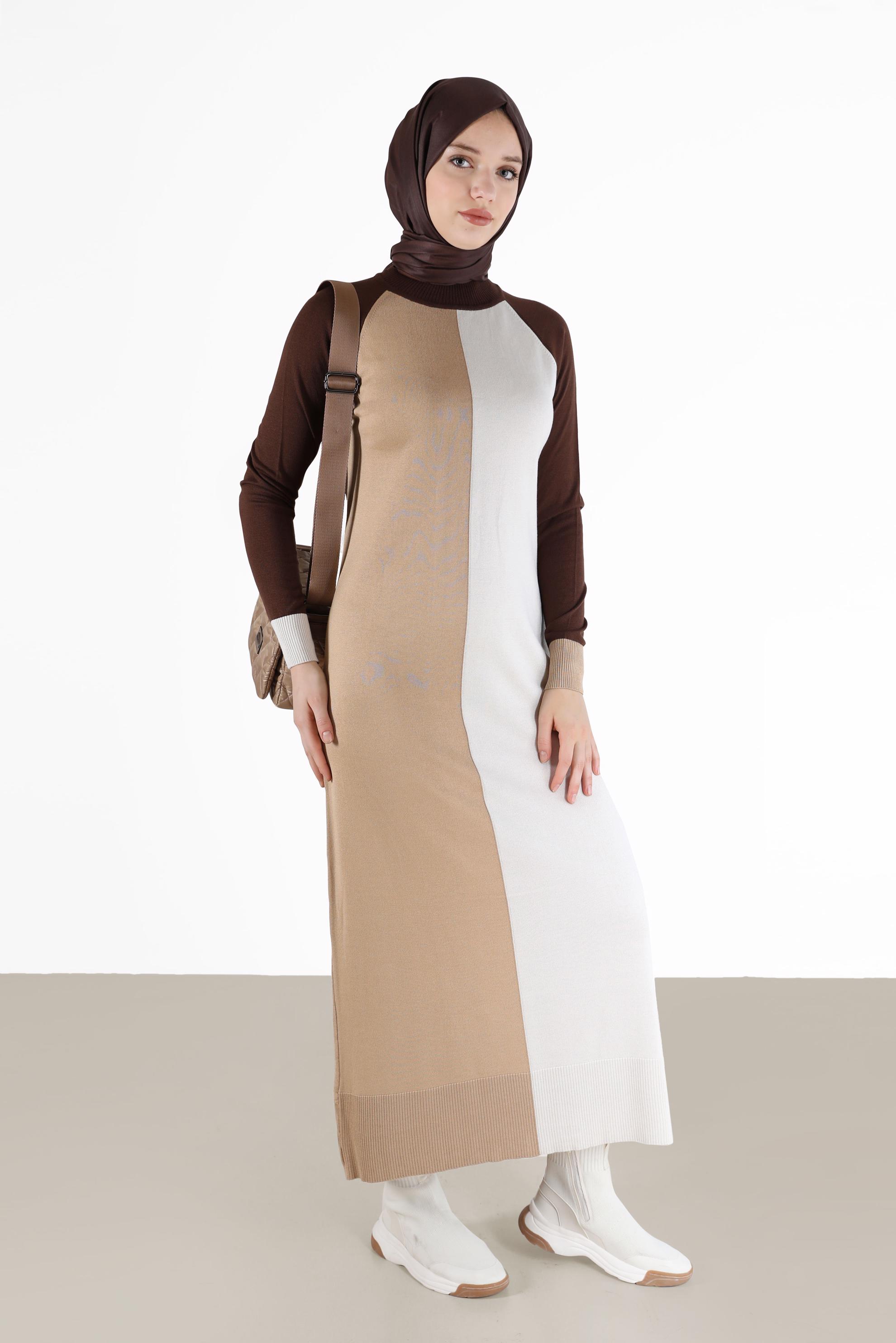 Tesettür giyim KAHVE ÜÇ RENKLİ TRİKO ELBİSE 42084 