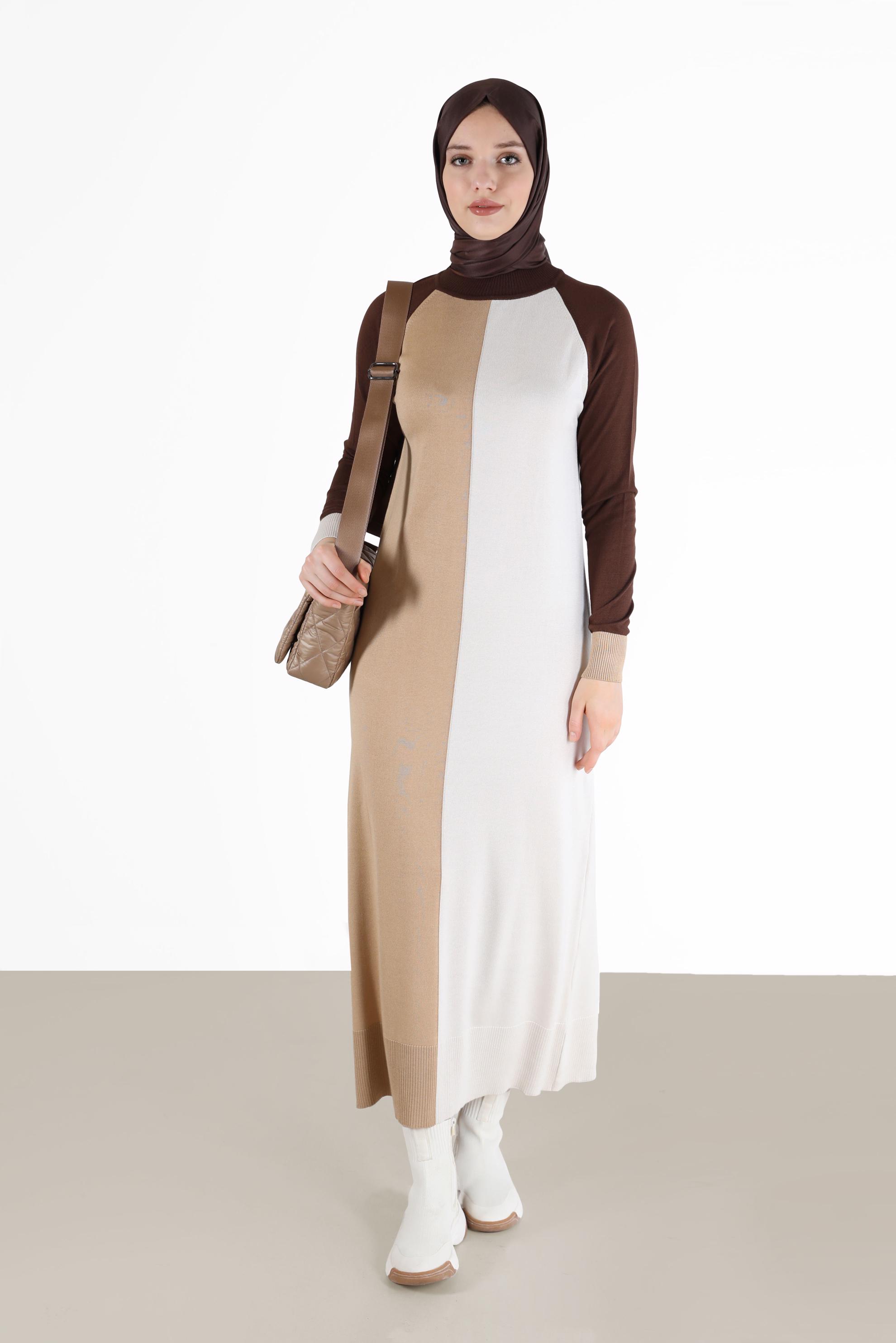 Tesettür giyim KAHVE ÜÇ RENKLİ TRİKO ELBİSE 42084 