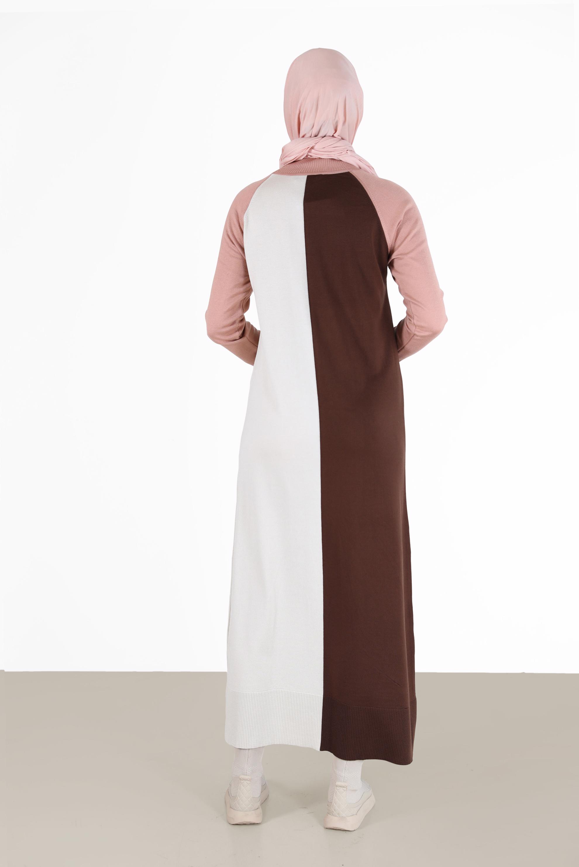 Tesettür giyim KAHVE ÜÇ RENKLİ TRİKO ELBİSE 42084 