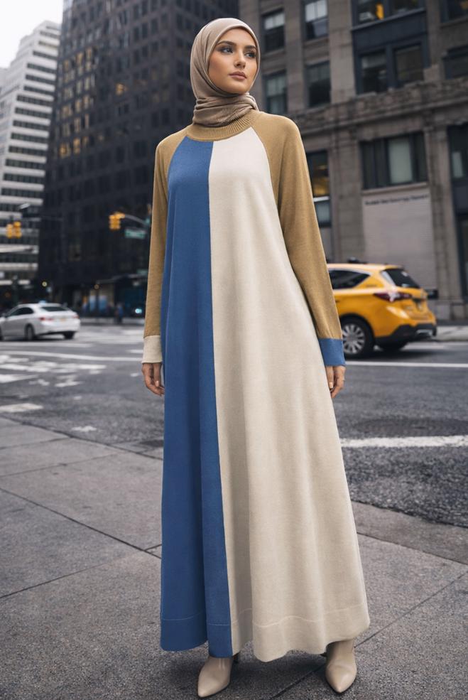 Vêtements hijab BLEU MARINE ROBE EN MAILLE 3 COULEURS 42084 - ALVİNA