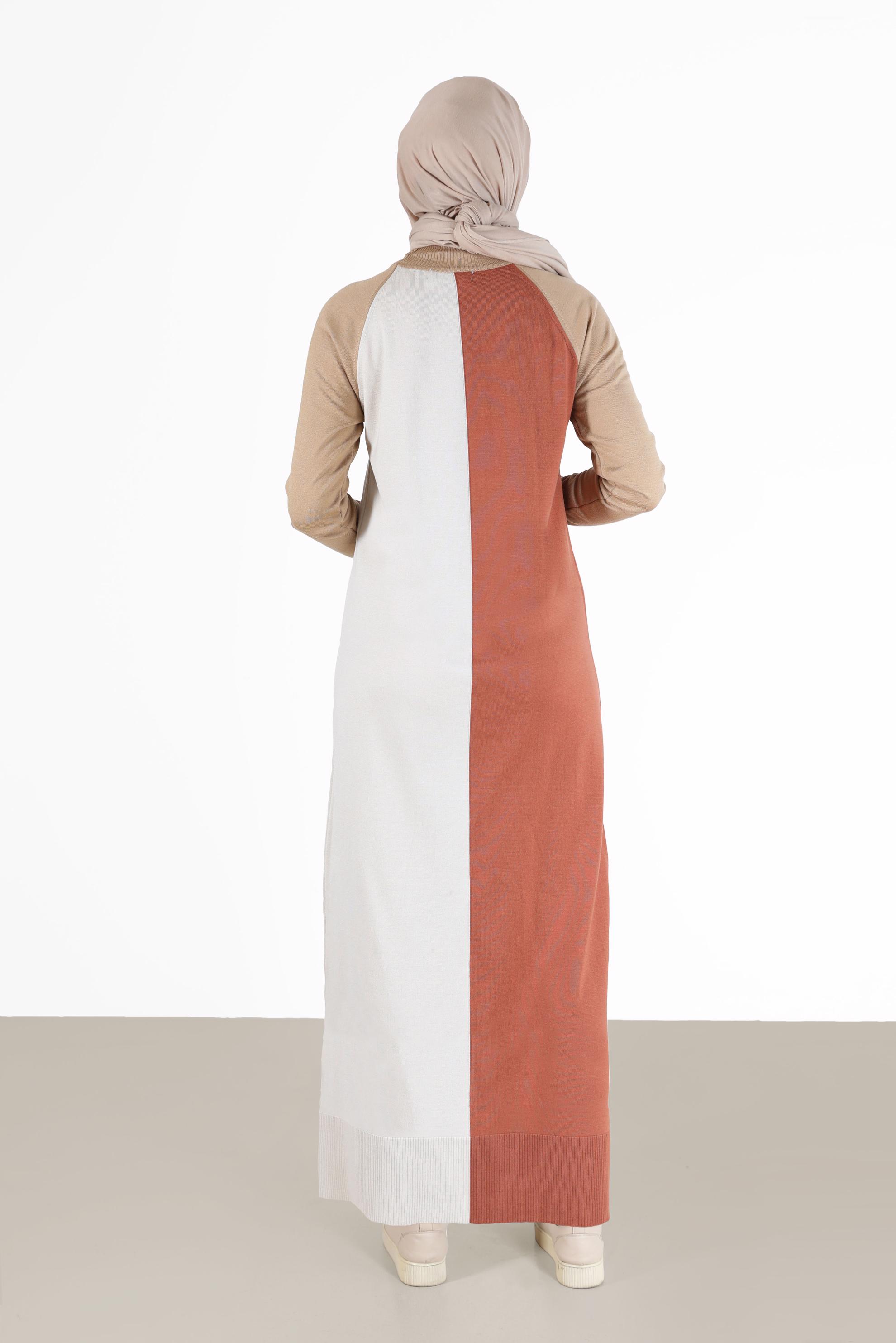 Tesettür giyim TURUNCU ÜÇ RENKLİ TRİKO ELBİSE 42084 