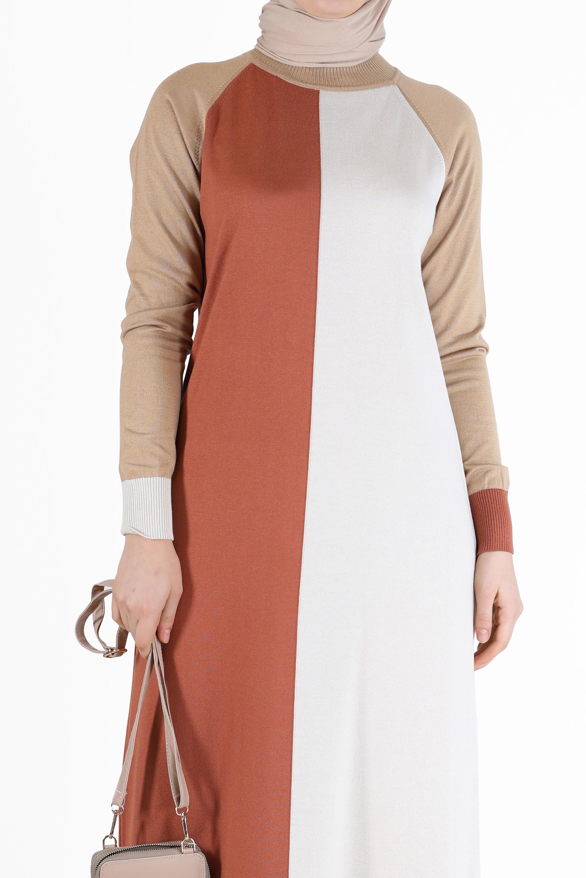 Tesettür giyim TURUNCU ÜÇ RENKLİ TRİKO ELBİSE 42084 