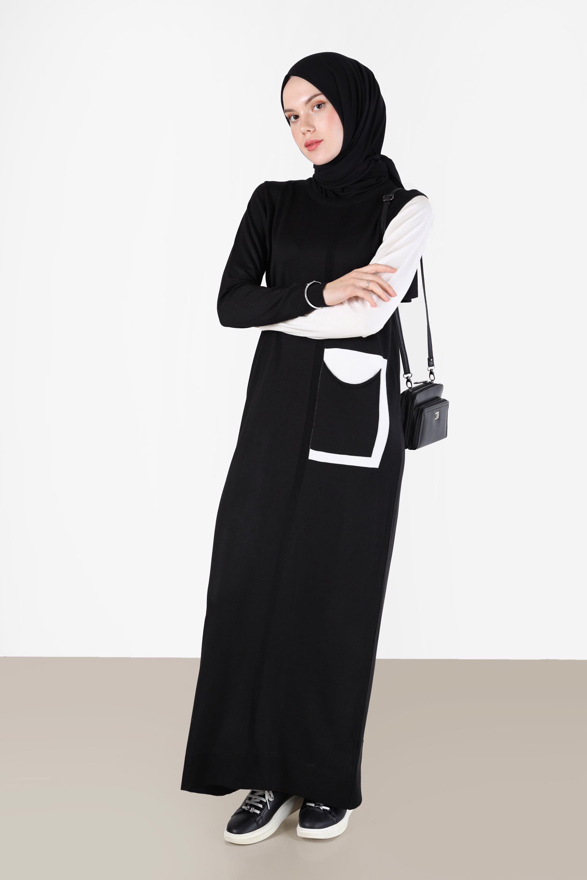 Vêtements hijab NOIR ROBE EN MAILLE 2 COULEURS DÉTAIL POCHE 42115