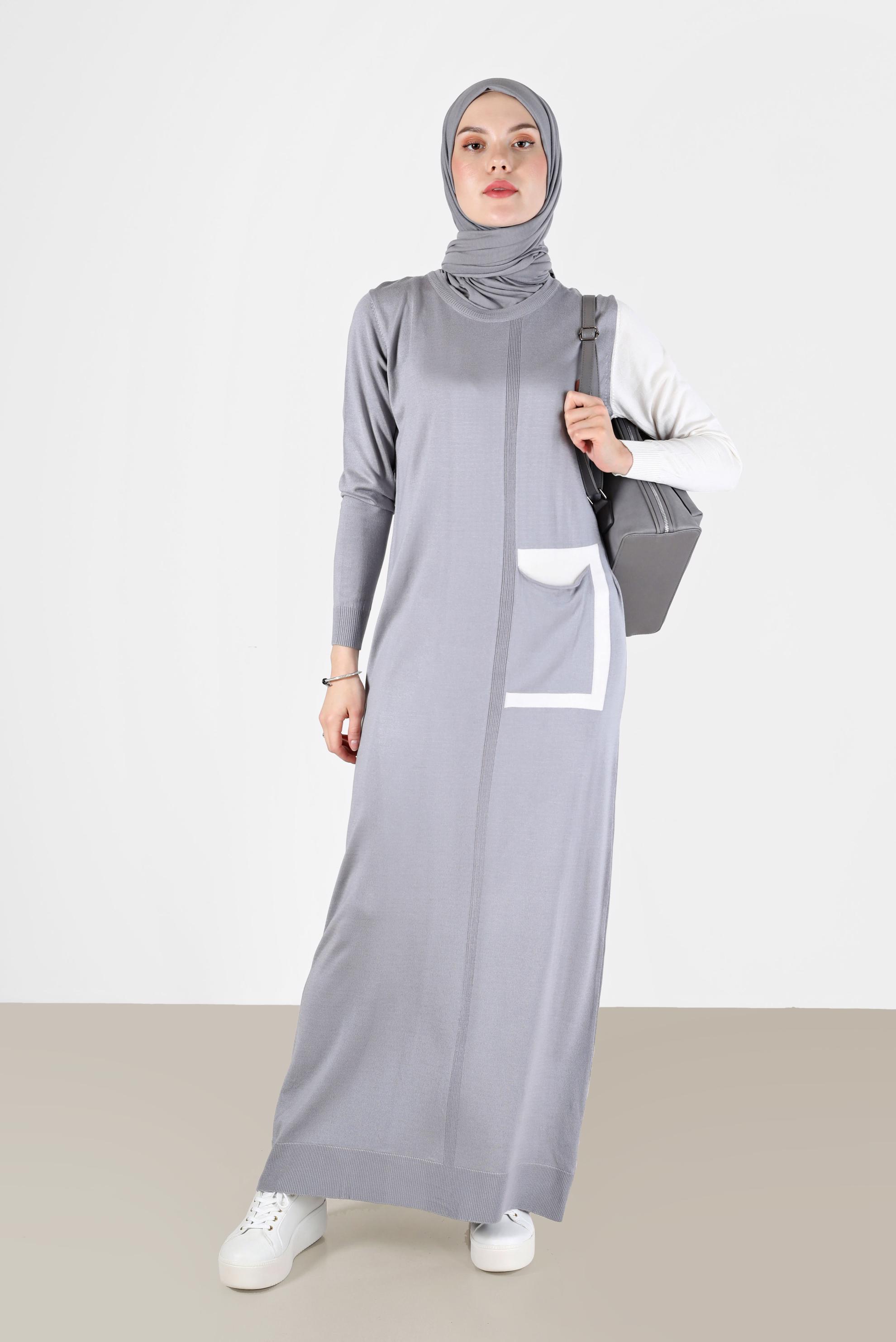 Tesettür giyim GRİ CEP DETAYLI İKİ RENK TRİKO ELBİSE 42115 