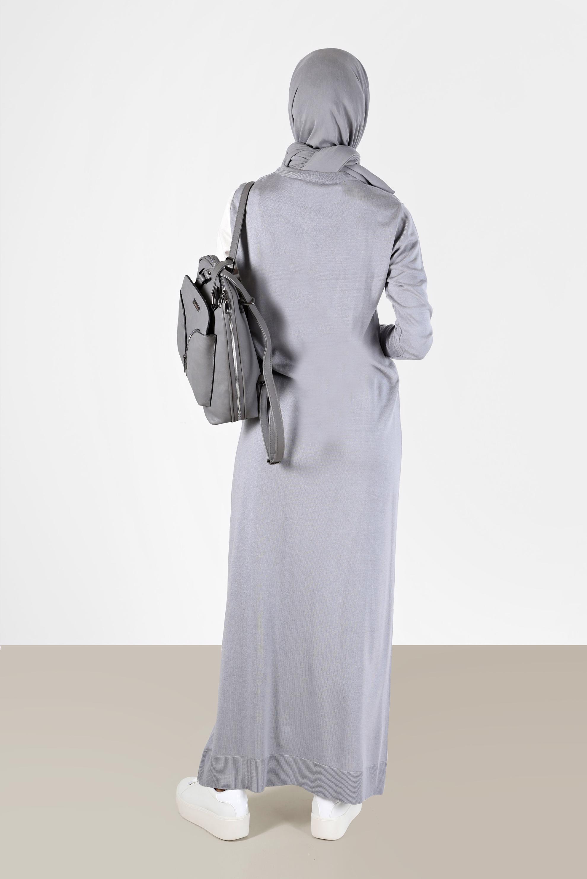 Tesettür giyim GRİ CEP DETAYLI İKİ RENK TRİKO ELBİSE 42115 