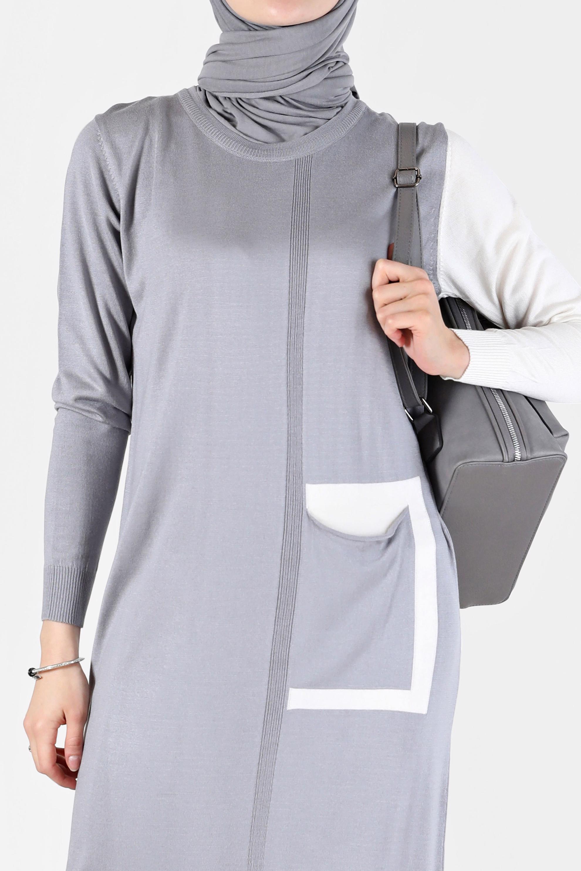 Tesettür giyim GRİ CEP DETAYLI İKİ RENK TRİKO ELBİSE 42115 