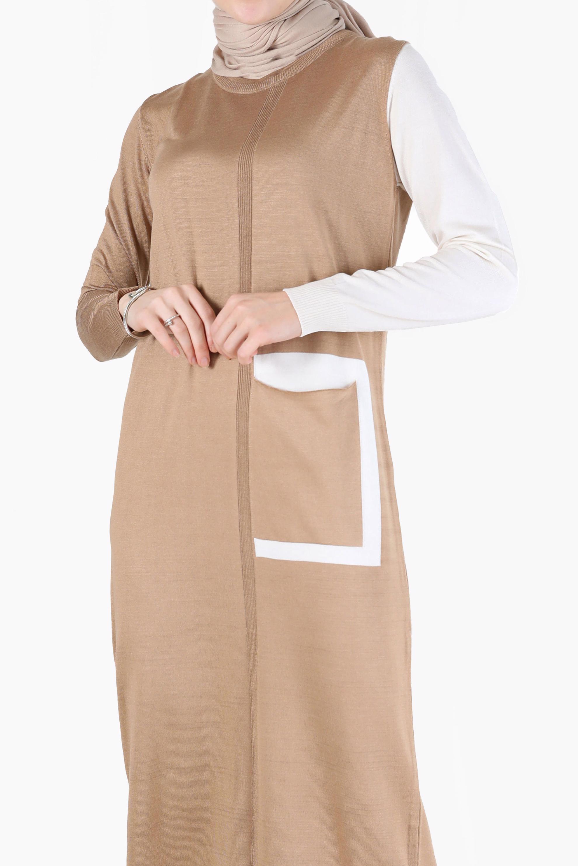 Vêtements hijab BRUN ROBE EN MAILLE 2 COULEURS DÉTAIL POCHE 42115