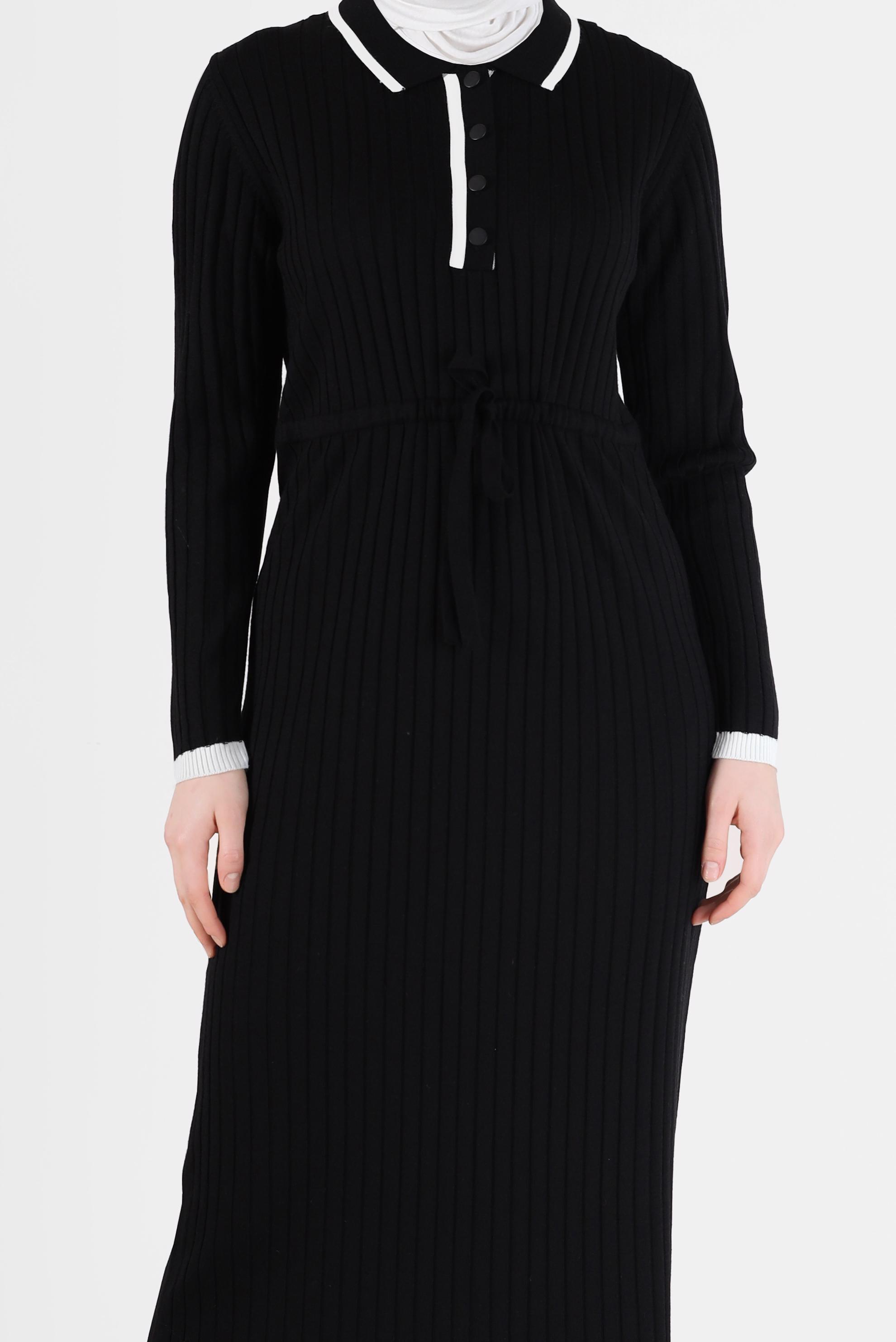 Tesettür giyim SİYAH POLO YAKA FİTİLLİ TRİKO ELBİSE 42122 