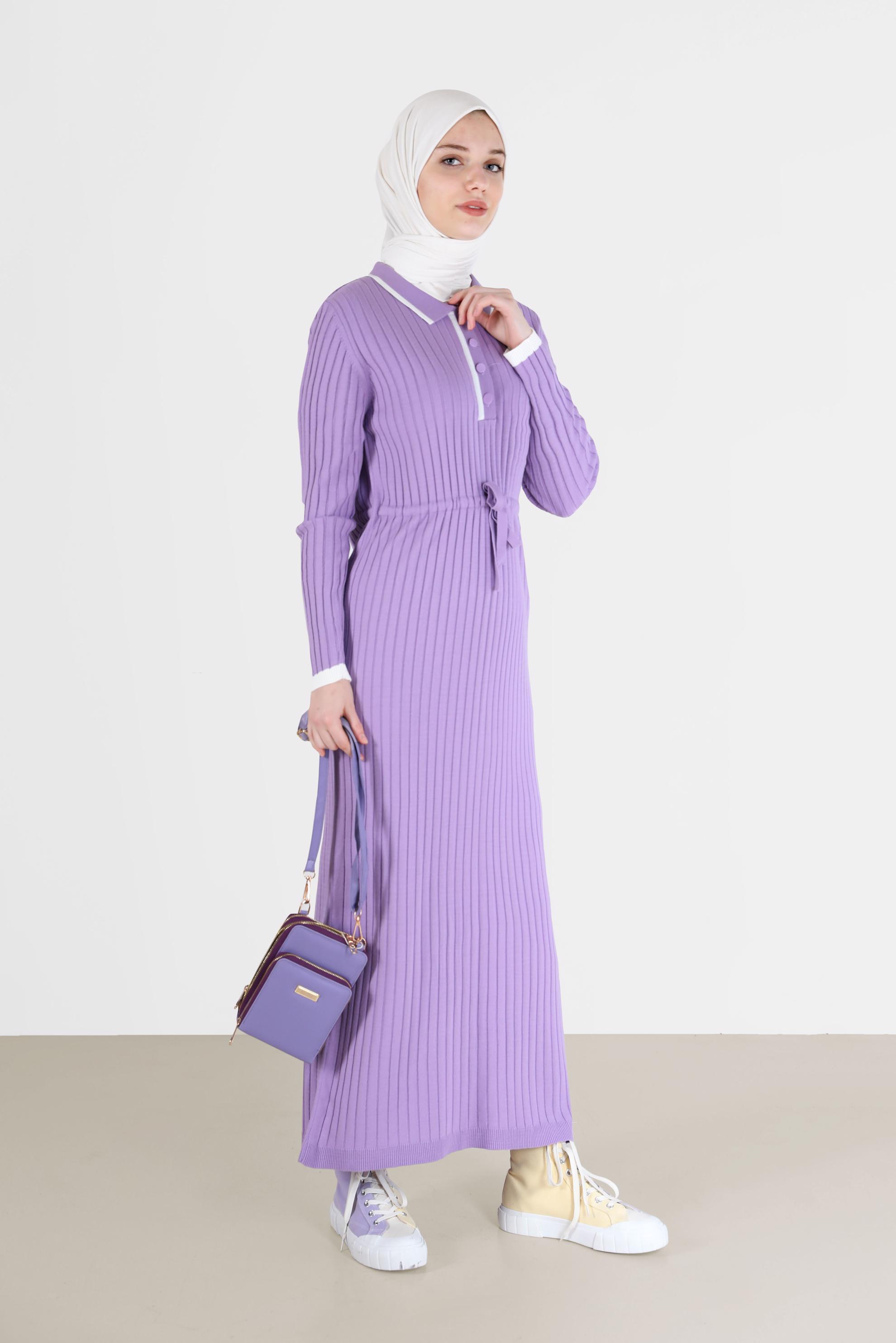 Hijab clothing PURPLE POLO NECK CORDUROY KNITWEAR DRESS 42122 