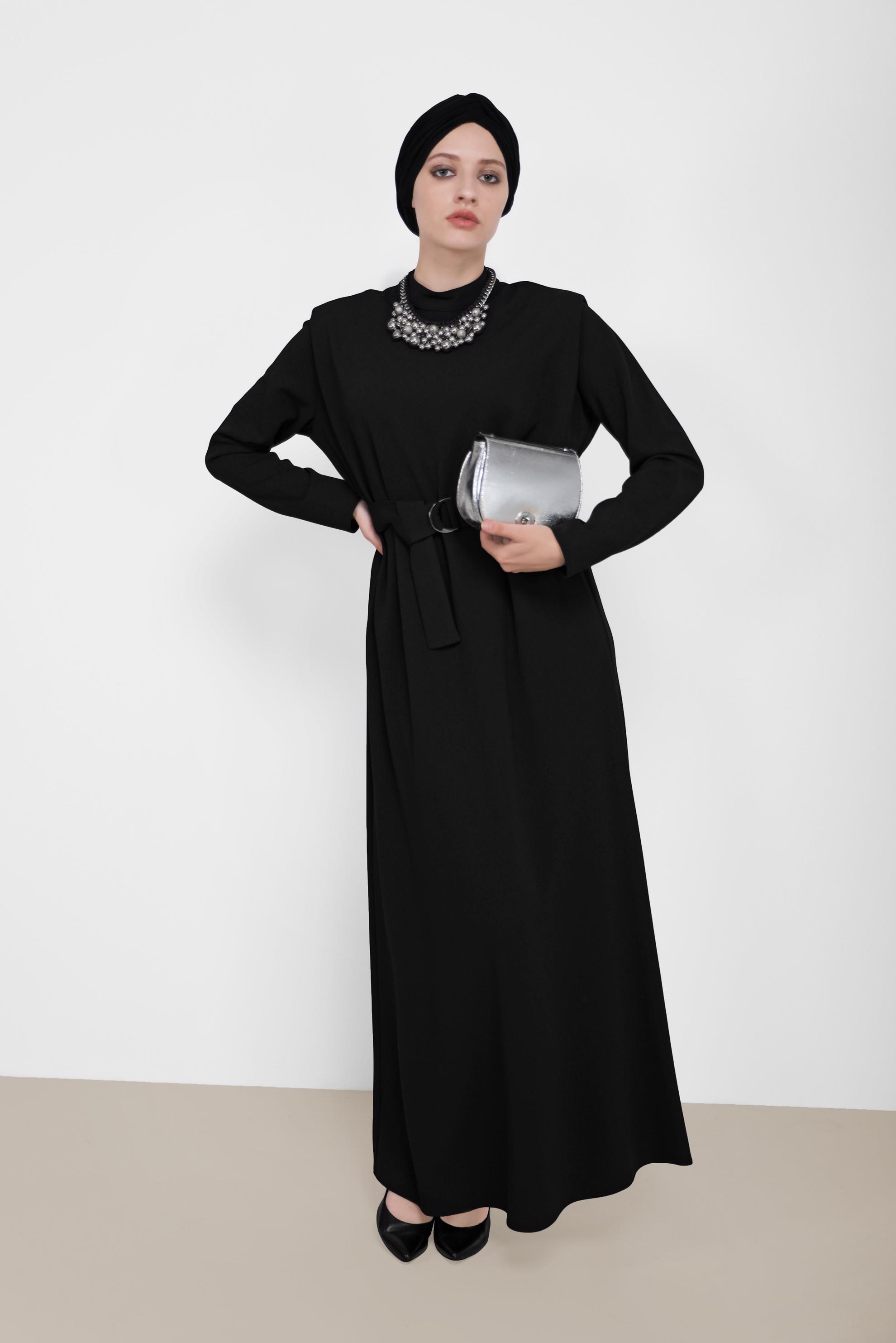Vêtements hijab NOIR ROBE COL MANDARINE CEINTURÉE 42171