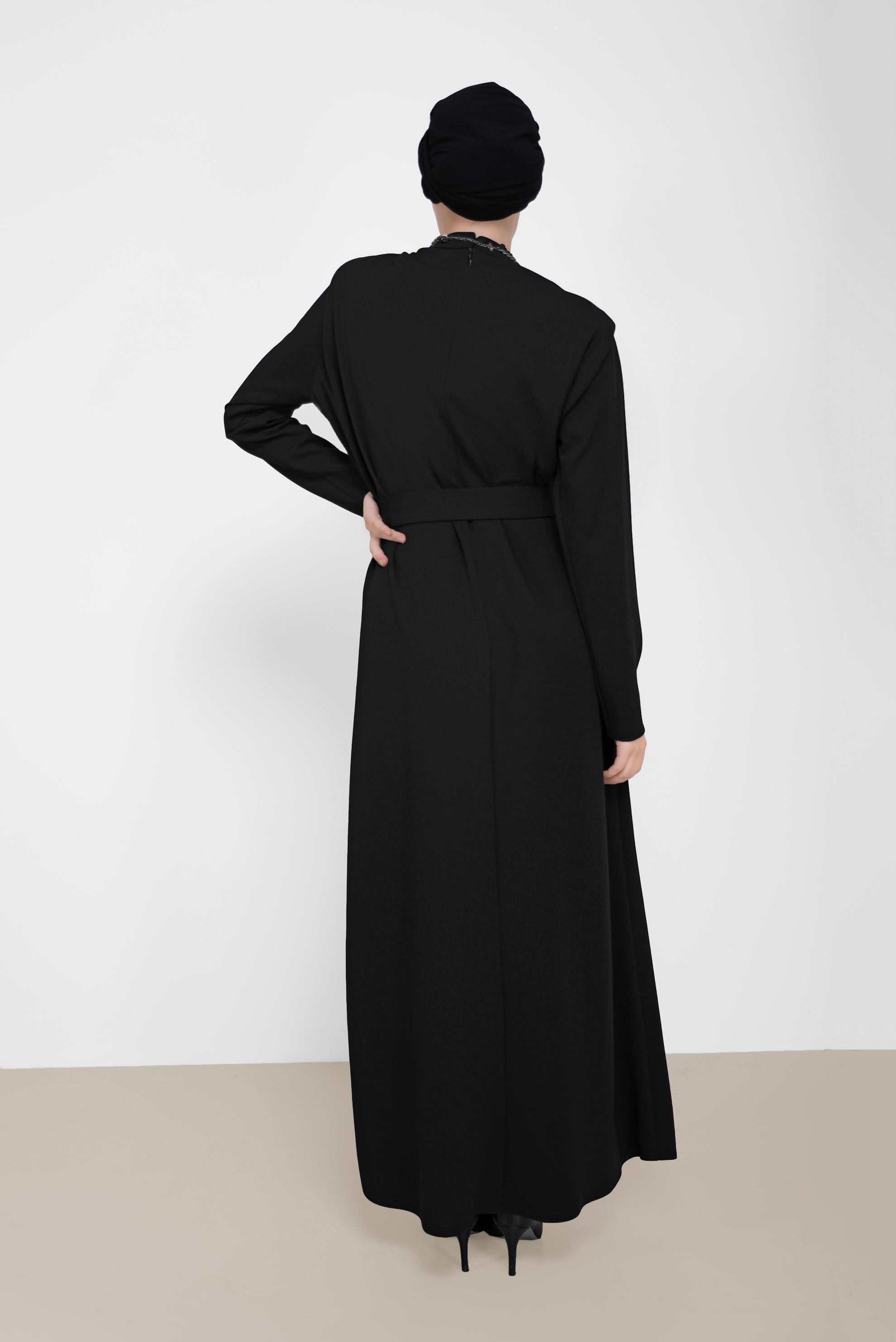 Vêtements hijab NOIR ROBE COL MANDARINE CEINTURÉE 42171