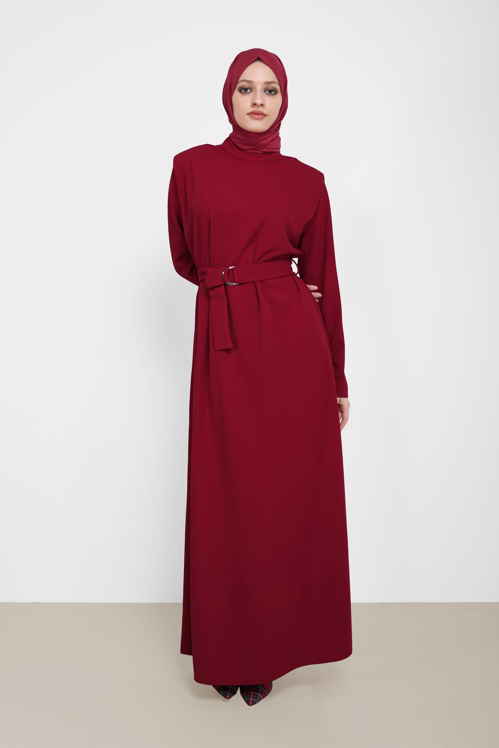 Tesettür giyim KIRMIZI KUŞAKLI HAKİM YAKA ELBİSE 42171 