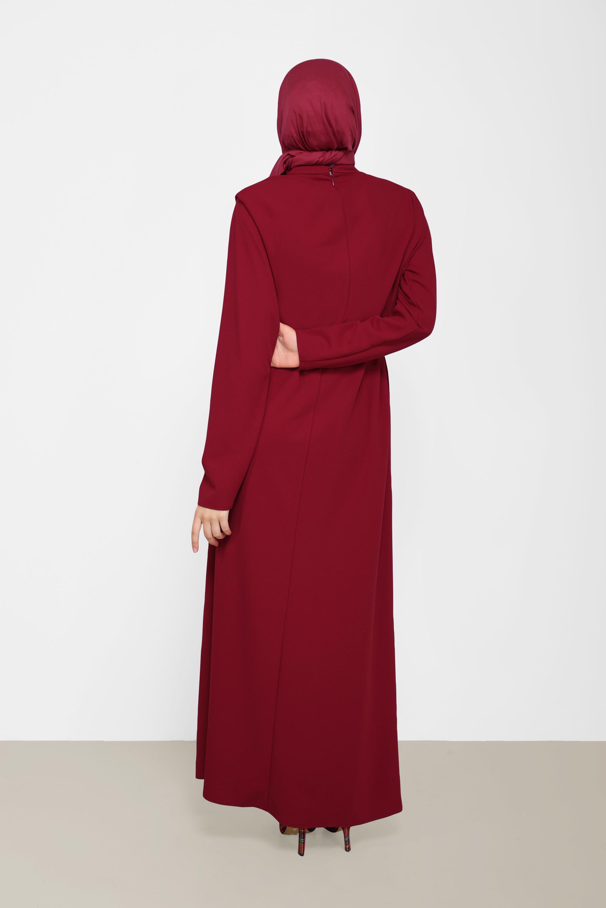 Tesettür giyim KIRMIZI KUŞAKLI HAKİM YAKA ELBİSE 42171 