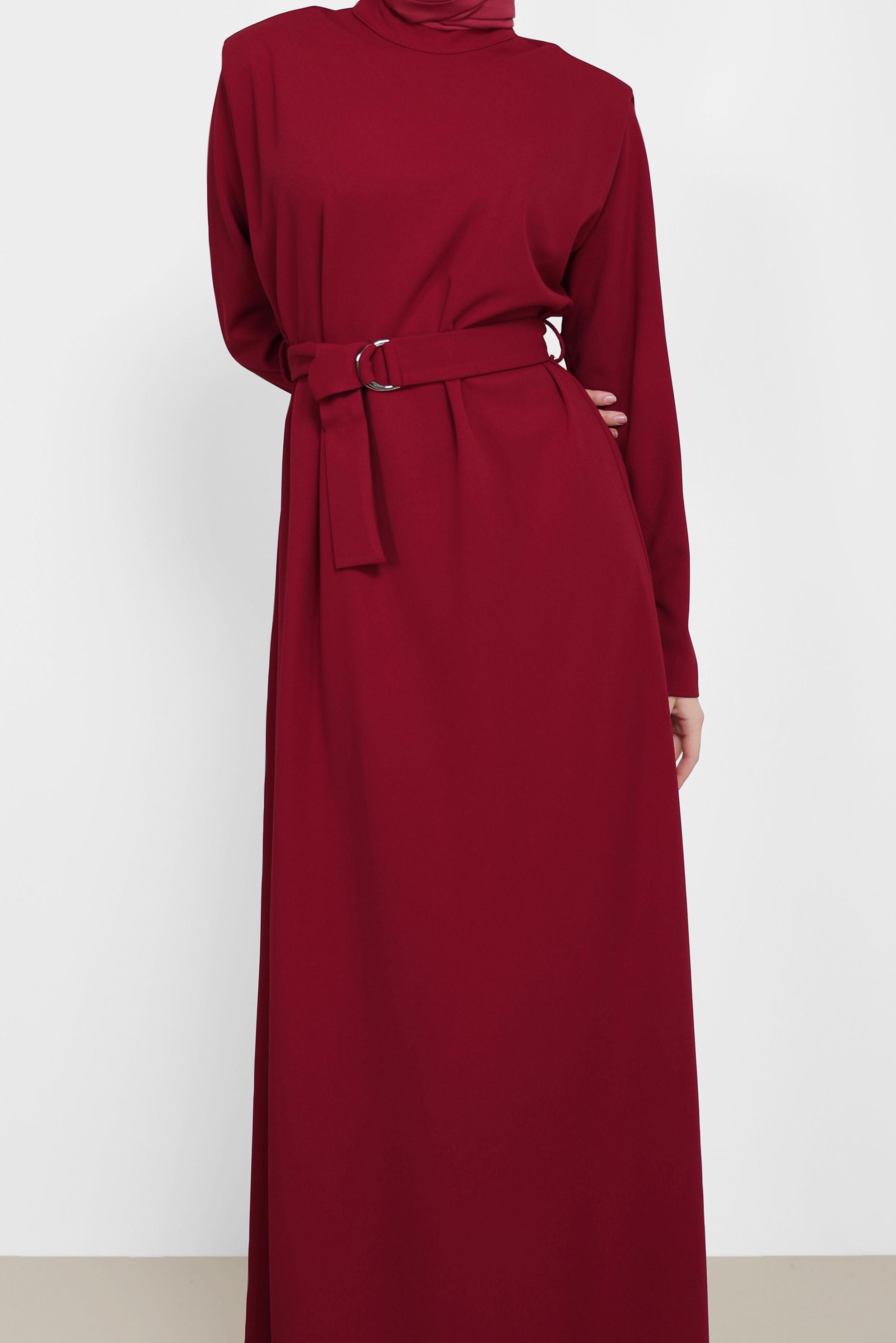 Tesettür giyim KIRMIZI KUŞAKLI HAKİM YAKA ELBİSE 42171 