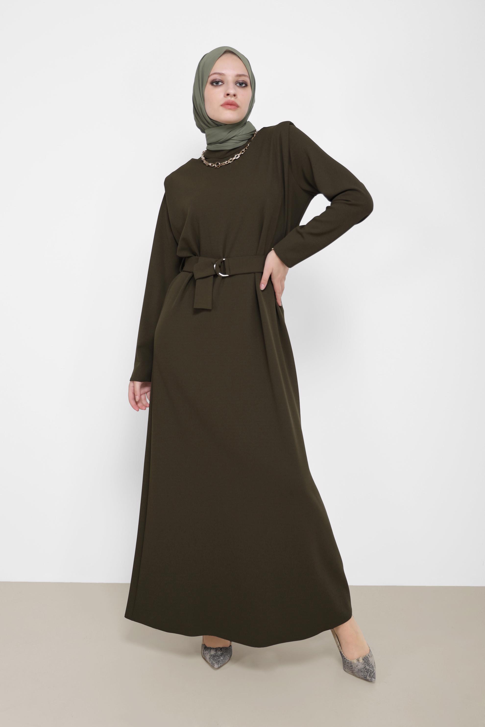 Hijab clothing KHAKI BELTED MANDARIN COLLAR DRESS 42171 