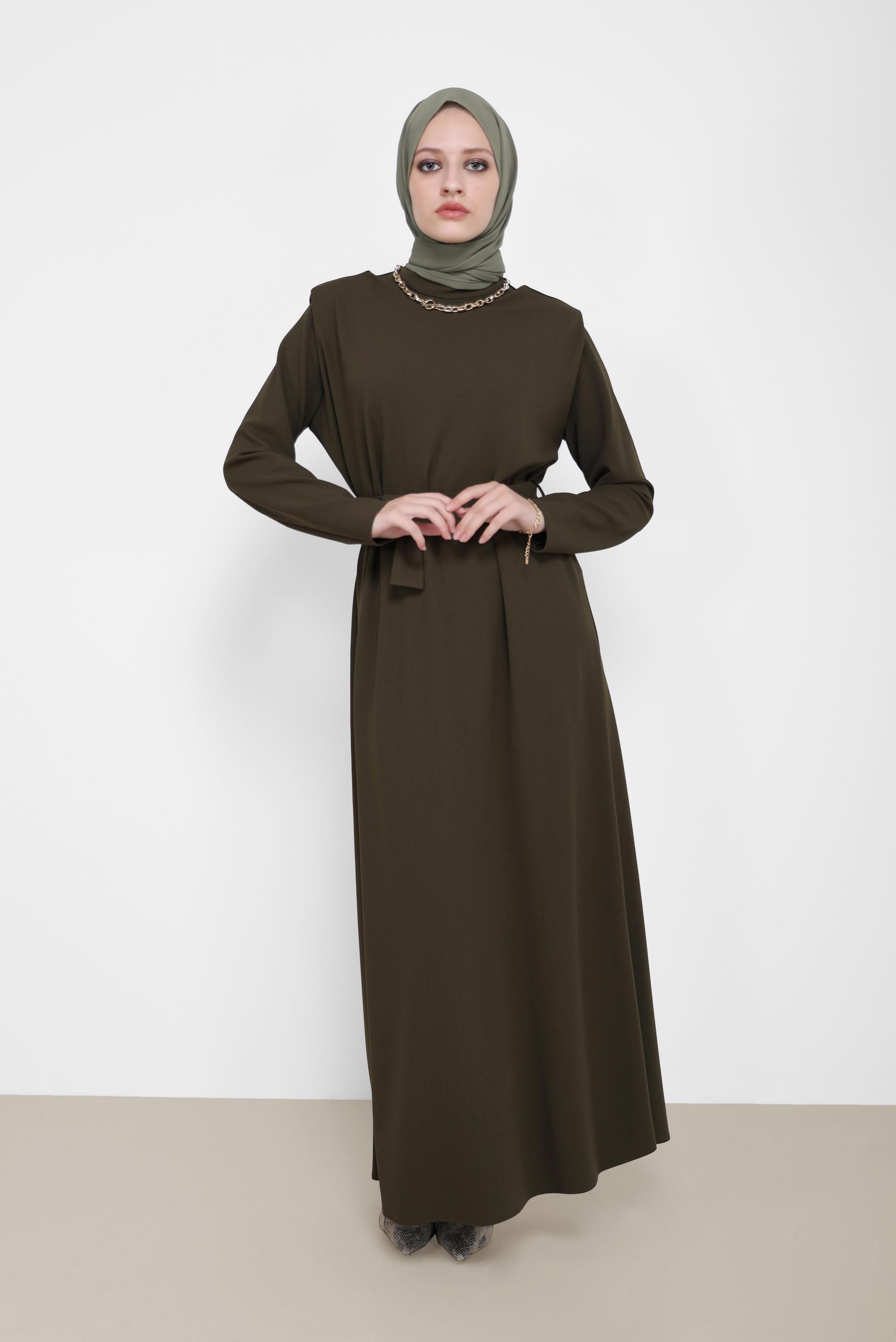 Hijab clothing KHAKI BELTED MANDARIN COLLAR DRESS 42171 