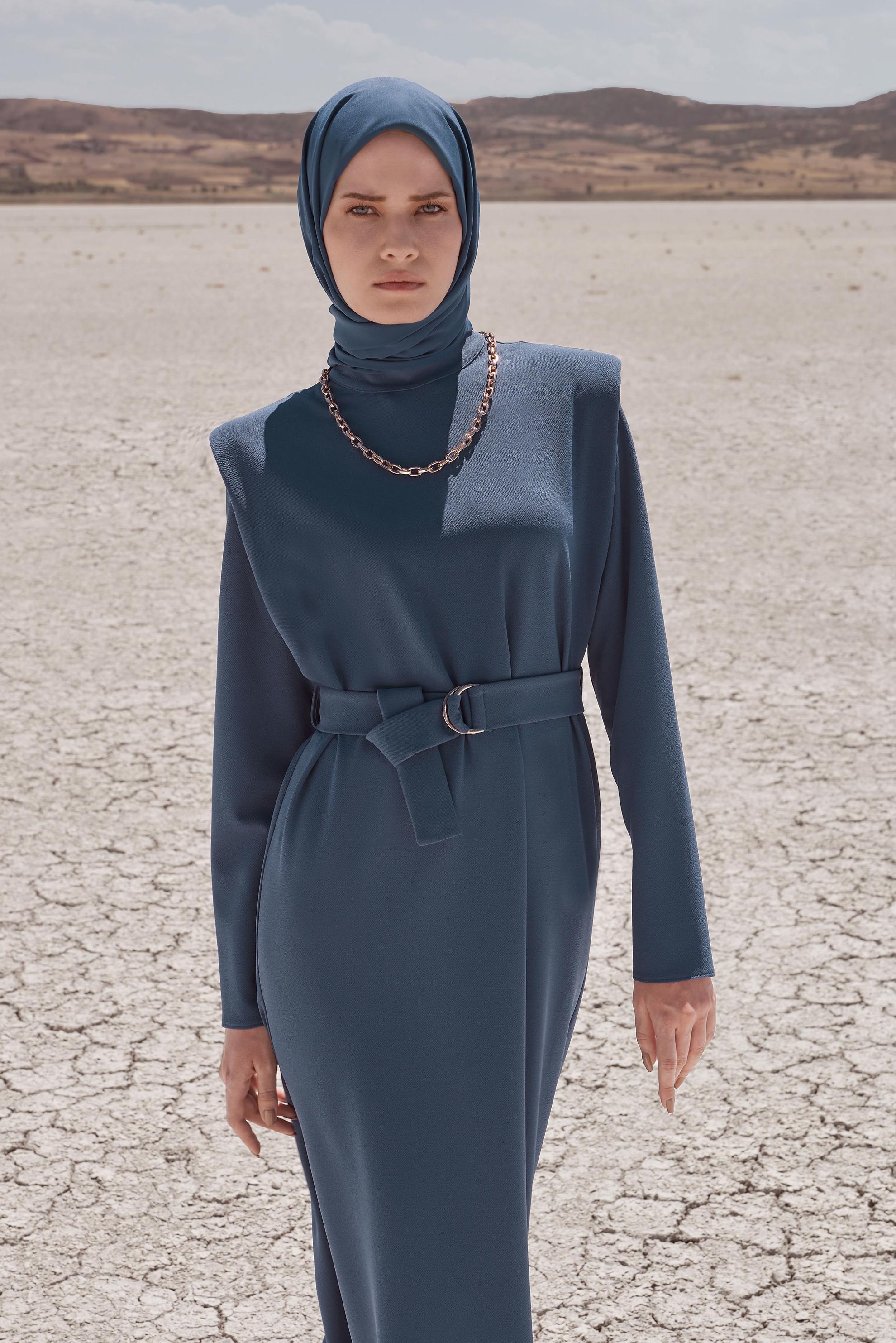 Hijab clothing NAVY BLUE BELTED MANDARIN COLLAR DRESS 42171 