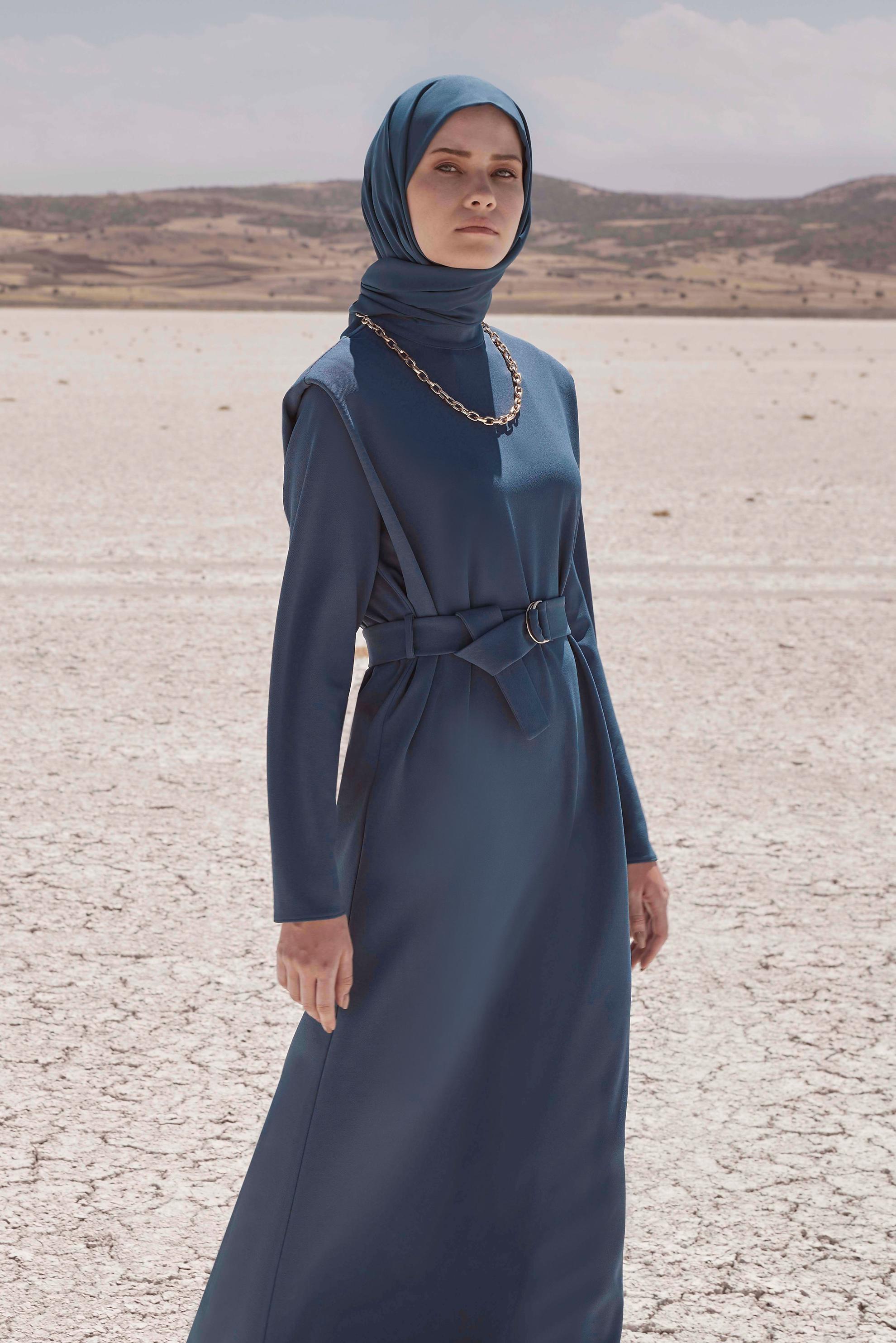 Hijab clothing NAVY BLUE BELTED MANDARIN COLLAR DRESS 42171 